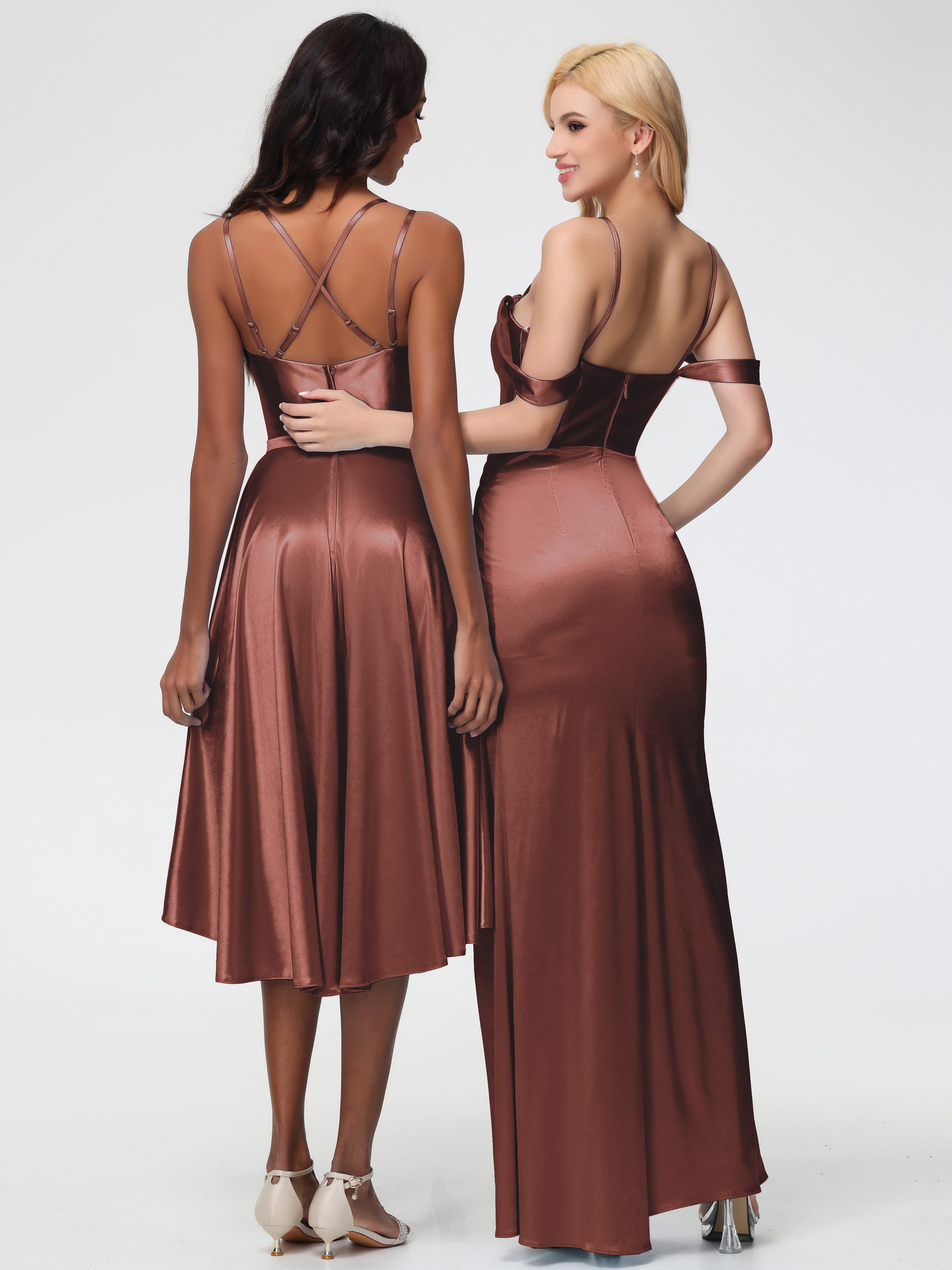 Robes De Demoiselle D'Honneur En Terre Cuite Cache Coeur Bretelles Amovibles Fourreau/Colonne Satin Extensible Robe De Demoiselle D'Honneur