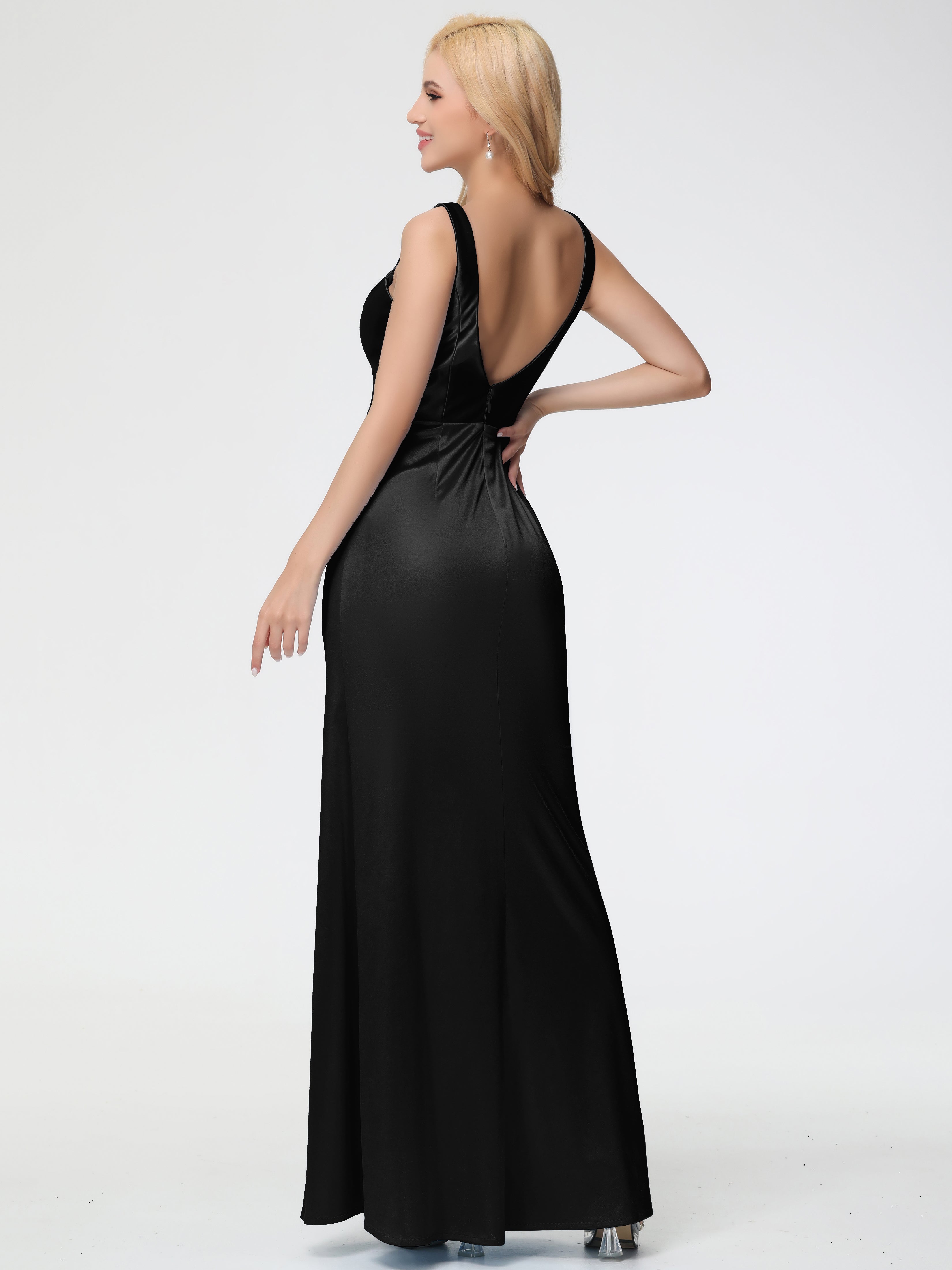 Robes De Demoiselle D'Honneur Noires Col Bénitier Fourreau/Colonne Fendue Satin Extensible Robe De Demoiselle D'Honneur