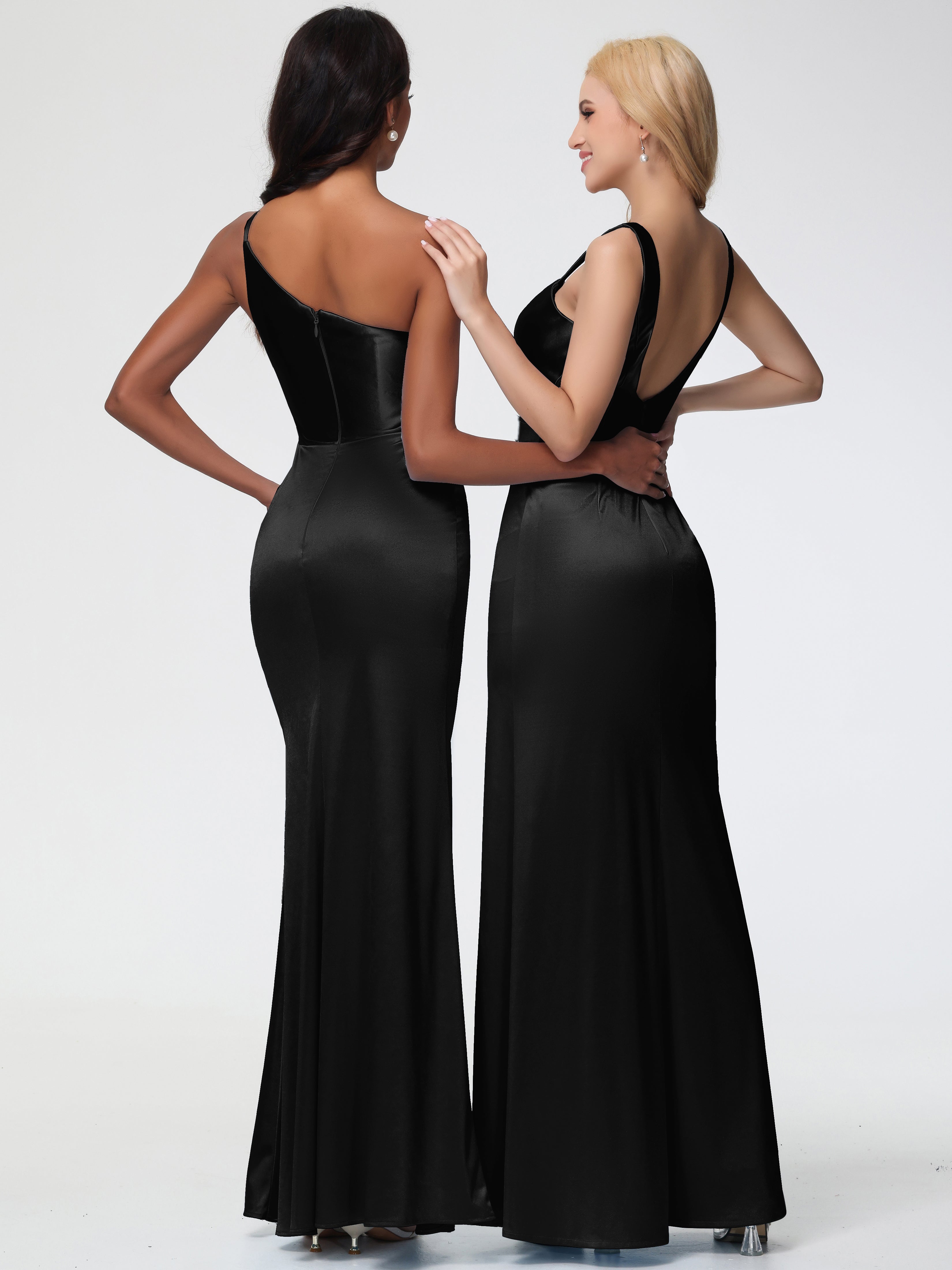 Robes De Demoiselle D'Honneur Noires Col Bénitier Fourreau/Colonne Fendue Satin Extensible Robe De Demoiselle D'Honneur