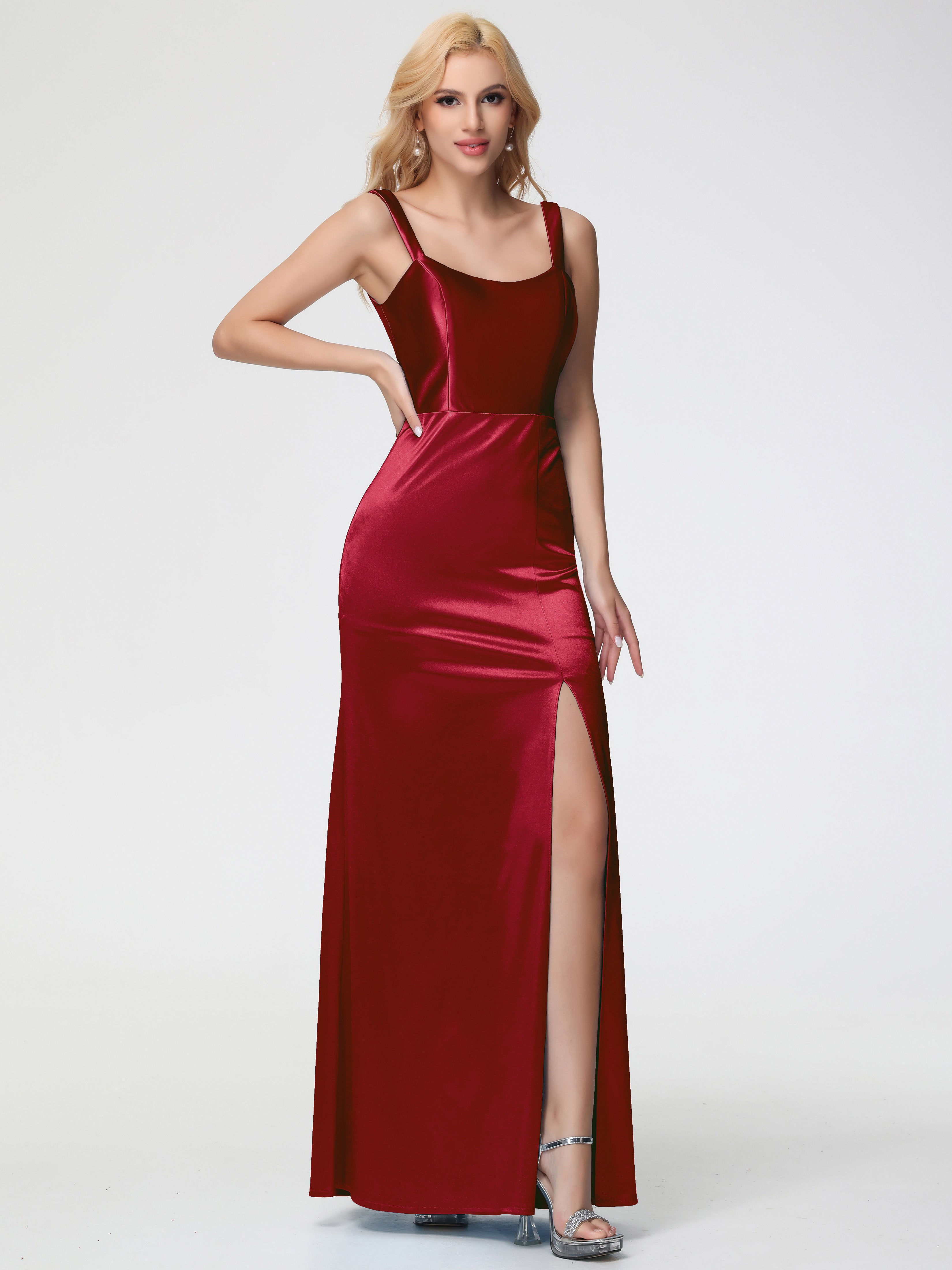 Robes De Demoiselle D'Honneur Bordeaux à Moins De 101 $ Col Bénitier Fourreau/Colonne Fendue Satin Extensible Robe De Demoiselle D'Honneur