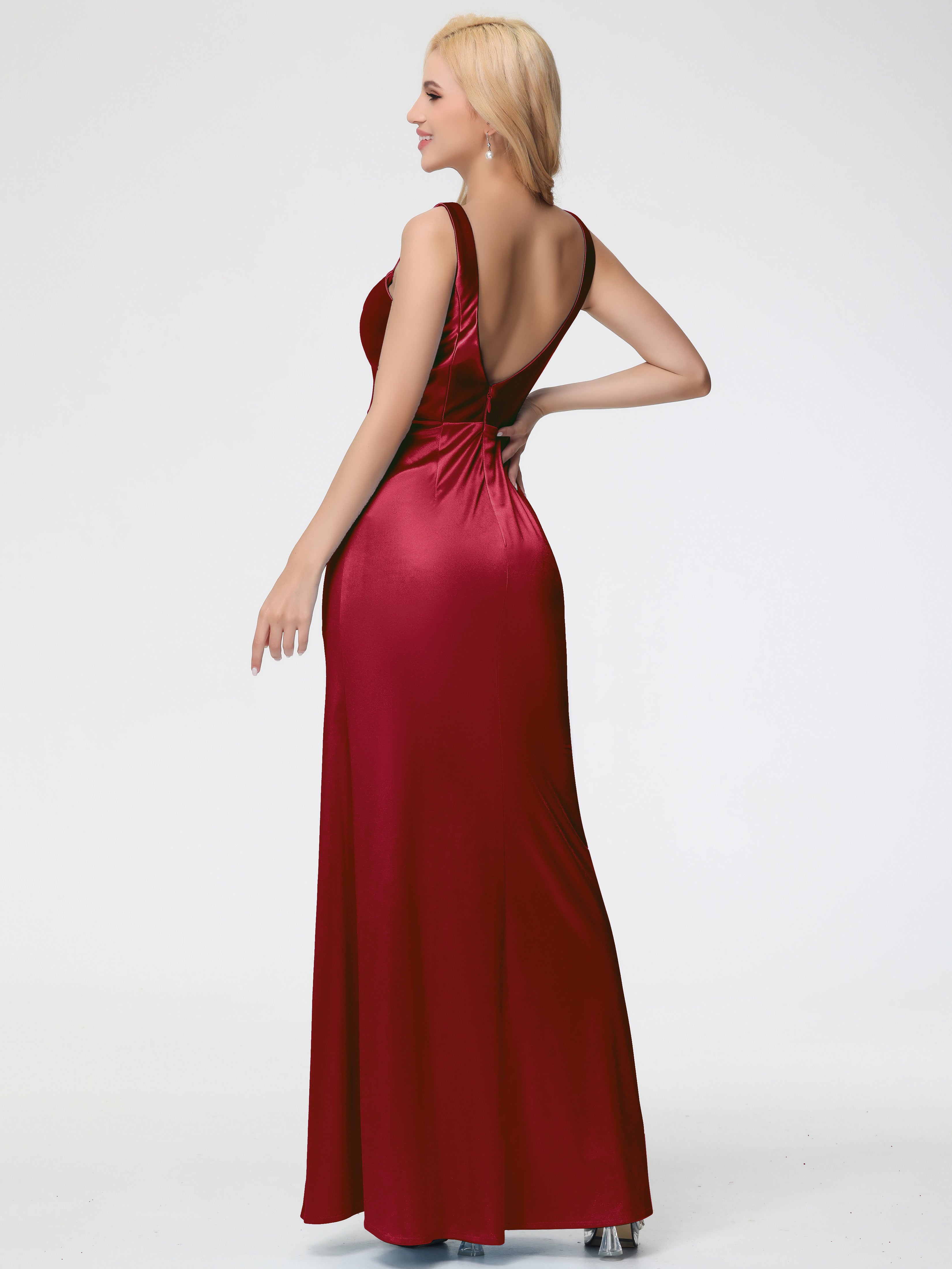 Robes De Demoiselle D'Honneur Bordeaux à Moins De 101 $ Col Bénitier Fourreau/Colonne Fendue Satin Extensible Robe De Demoiselle D'Honneur
