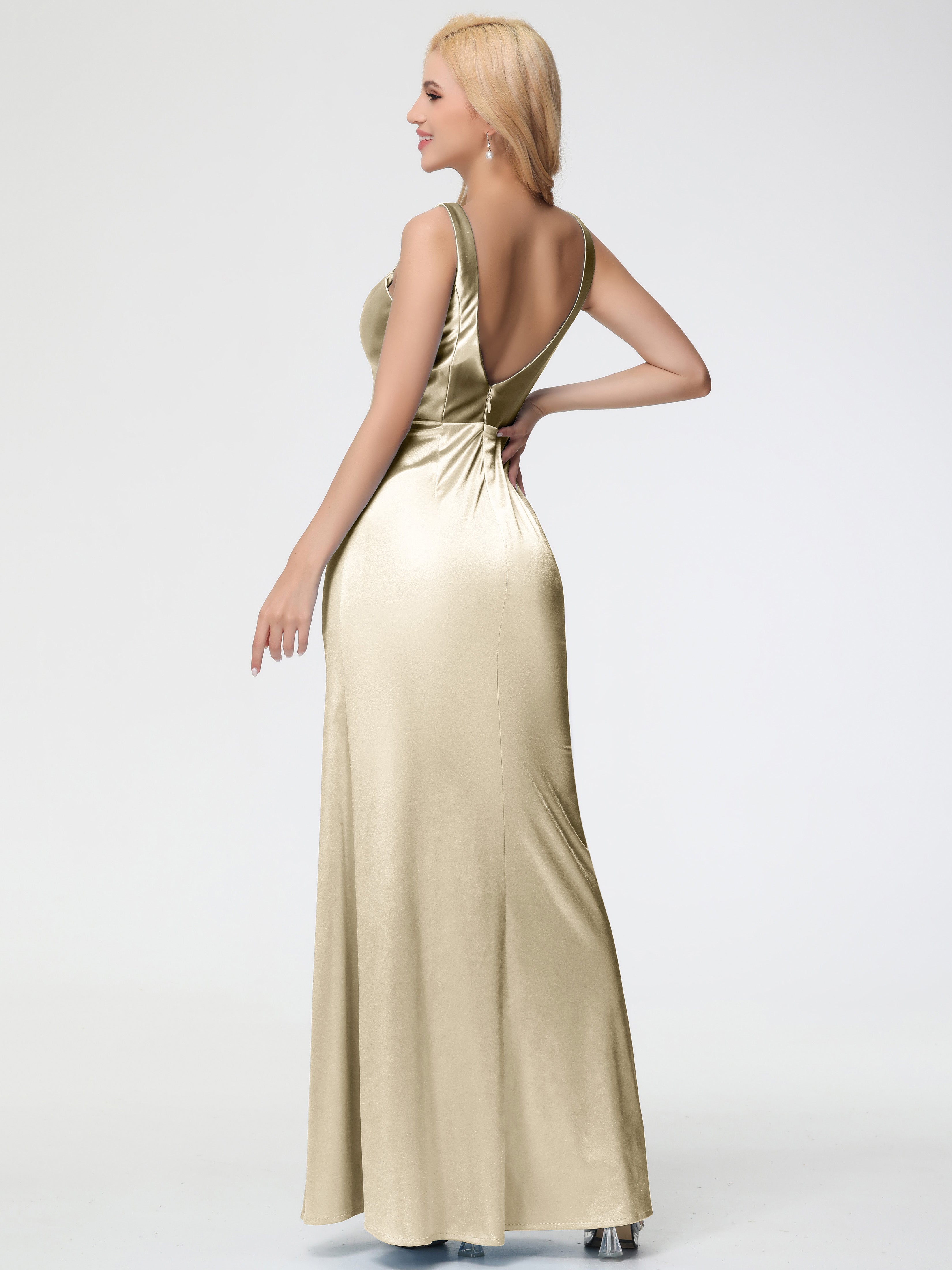 Robes De Demoiselle D'Honneur Champagne Pas Cher Col Bénitier Fourreau/Colonne Fendue Satin Extensible Robe De Demoiselle D'Honneur