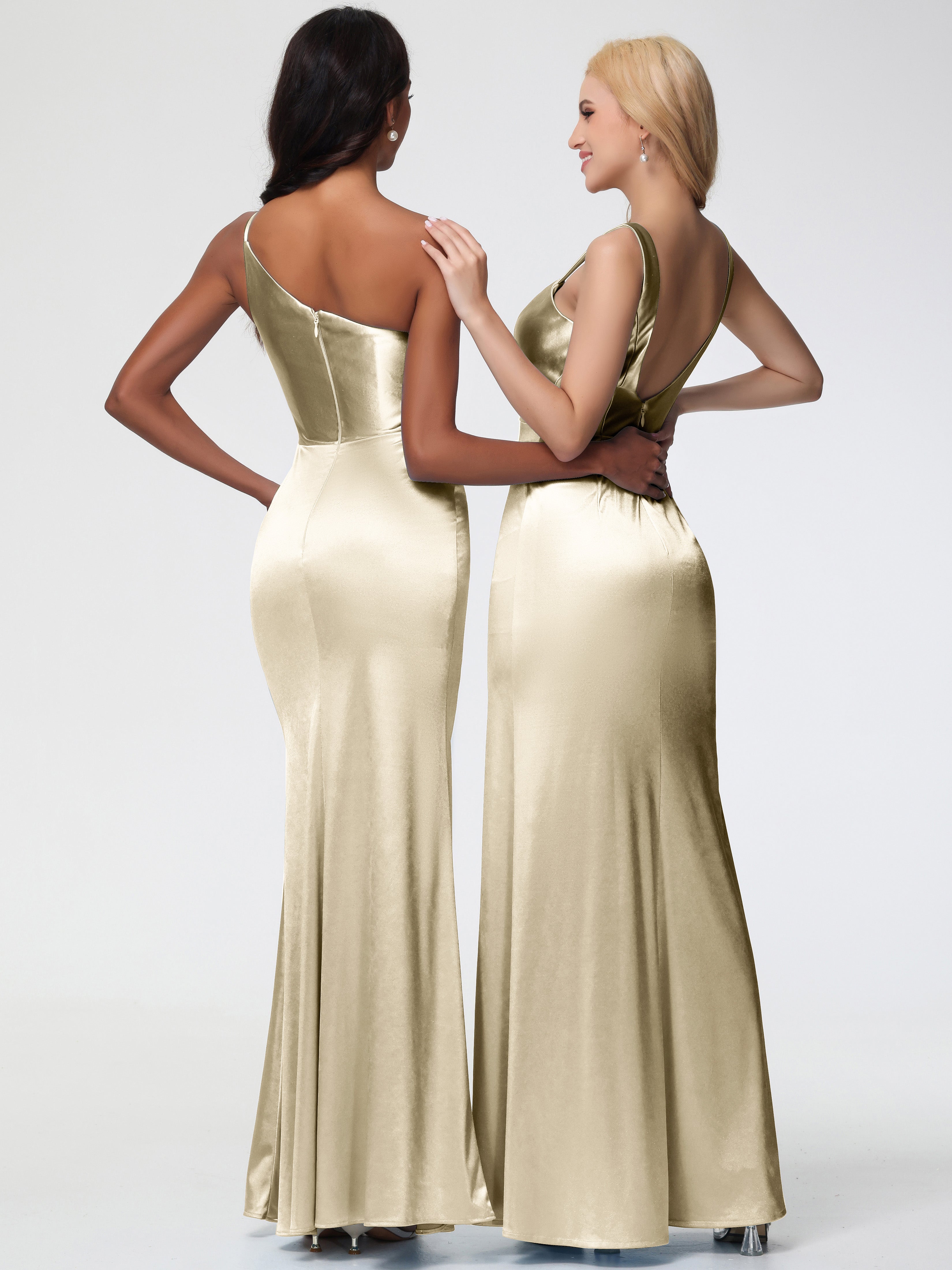 Robes De Demoiselle D'Honneur Champagne Pas Cher Col Bénitier Fourreau/Colonne Fendue Satin Extensible Robe De Demoiselle D'Honneur