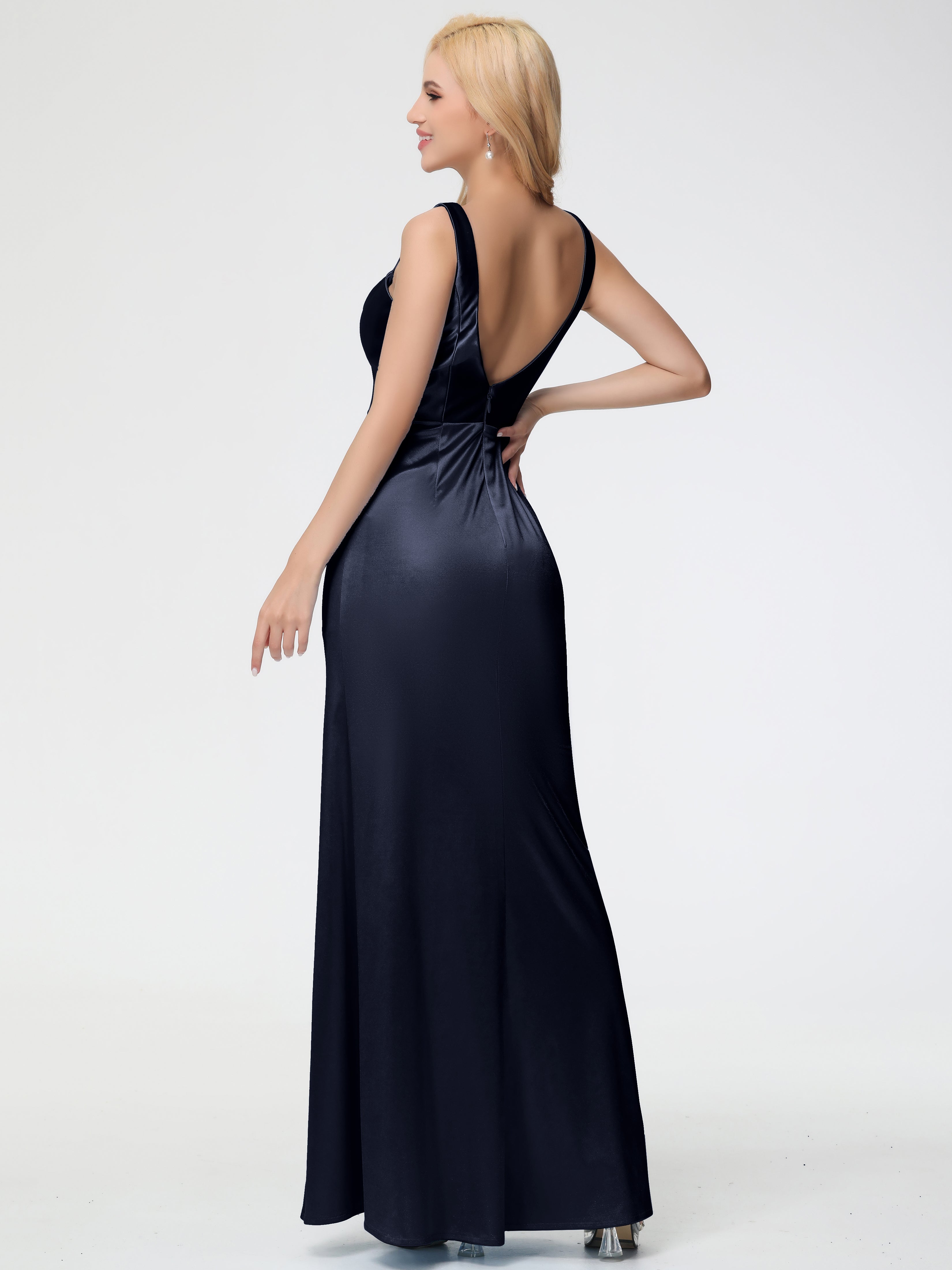 Robes De Demoiselle D'Honneur Bleu Marine Col Bénitier Fourreau/Colonne Fendue Satin Extensible Robe De Demoiselle D'Honneur