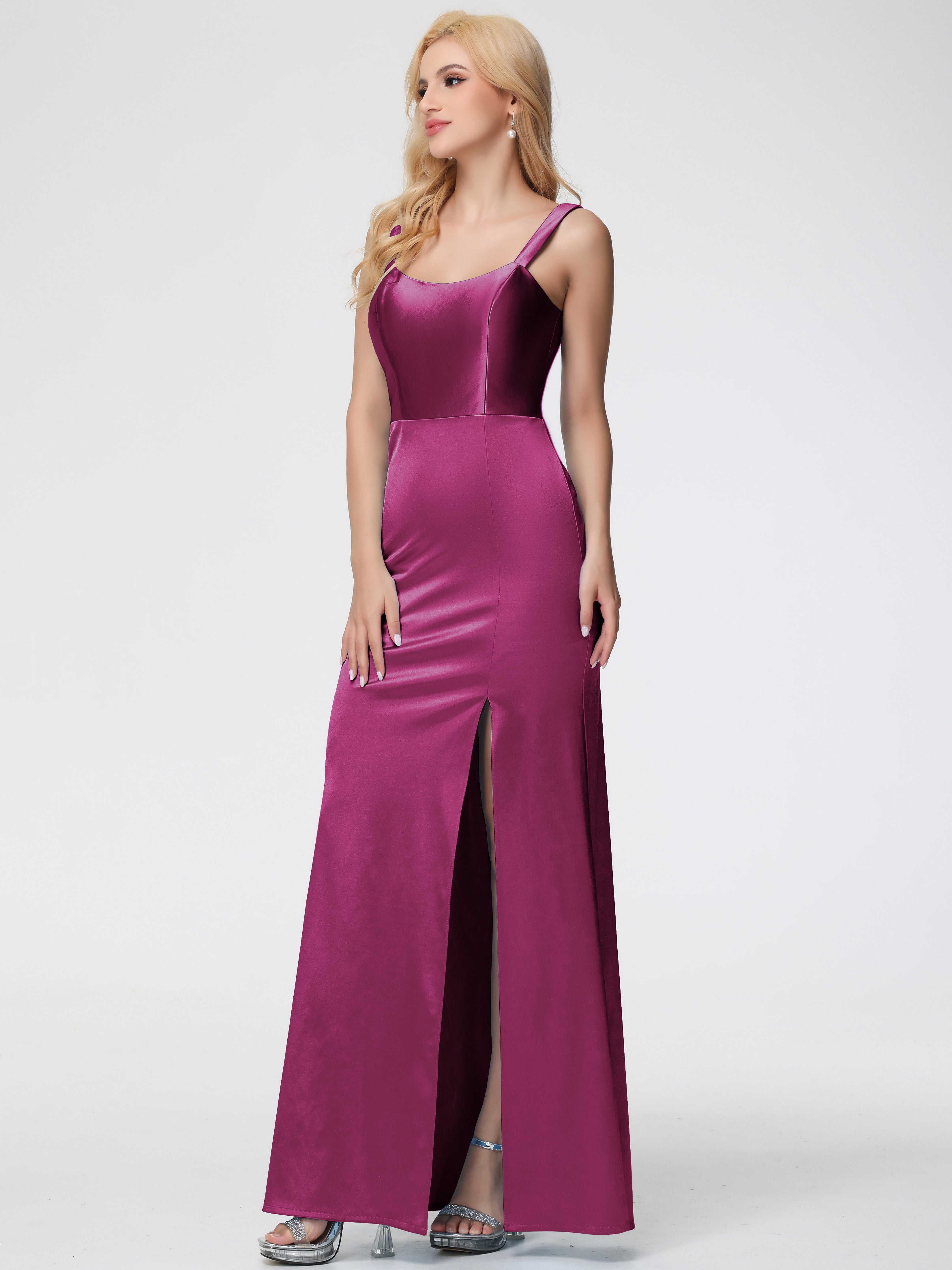 Robes De Demoiselle D'Honneur Rose Fuchsia Couleur Col Bénitier Fourreau/Colonne Fendue Satin Extensible Robe De Demoiselle D'Honneur