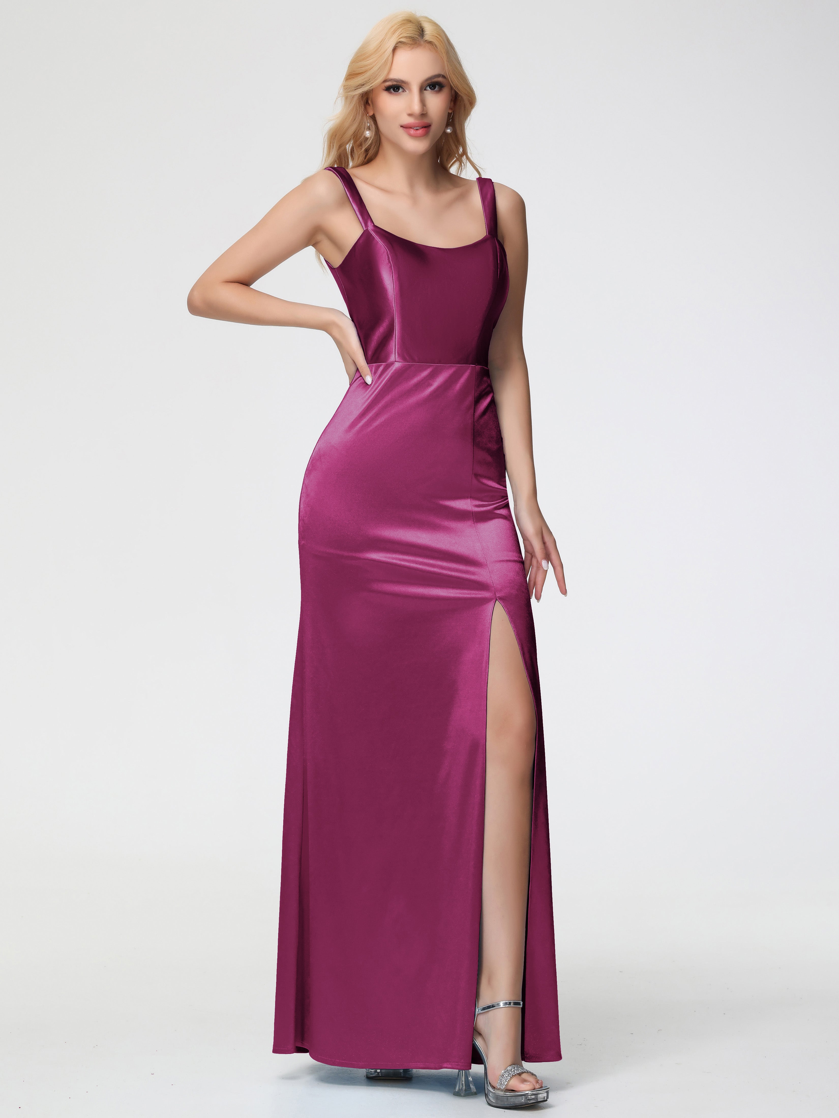 Robes De Demoiselle D'Honneur Rose Fuchsia Couleur Col Bénitier Fourreau/Colonne Fendue Satin Extensible Robe De Demoiselle D'Honneur