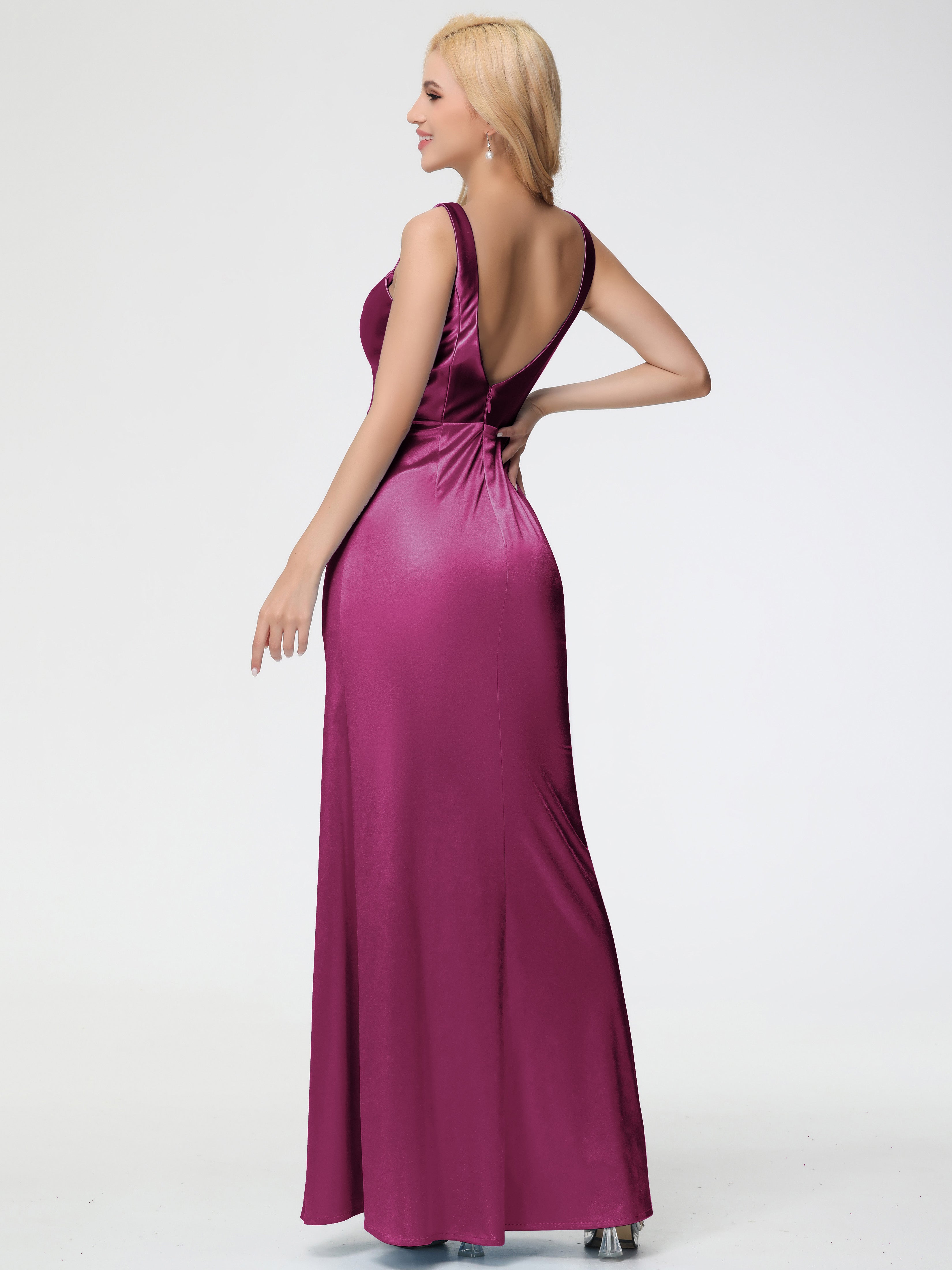 Robes De Demoiselle D'Honneur Rose Fuchsia Couleur Col Bénitier Fourreau/Colonne Fendue Satin Extensible Robe De Demoiselle D'Honneur