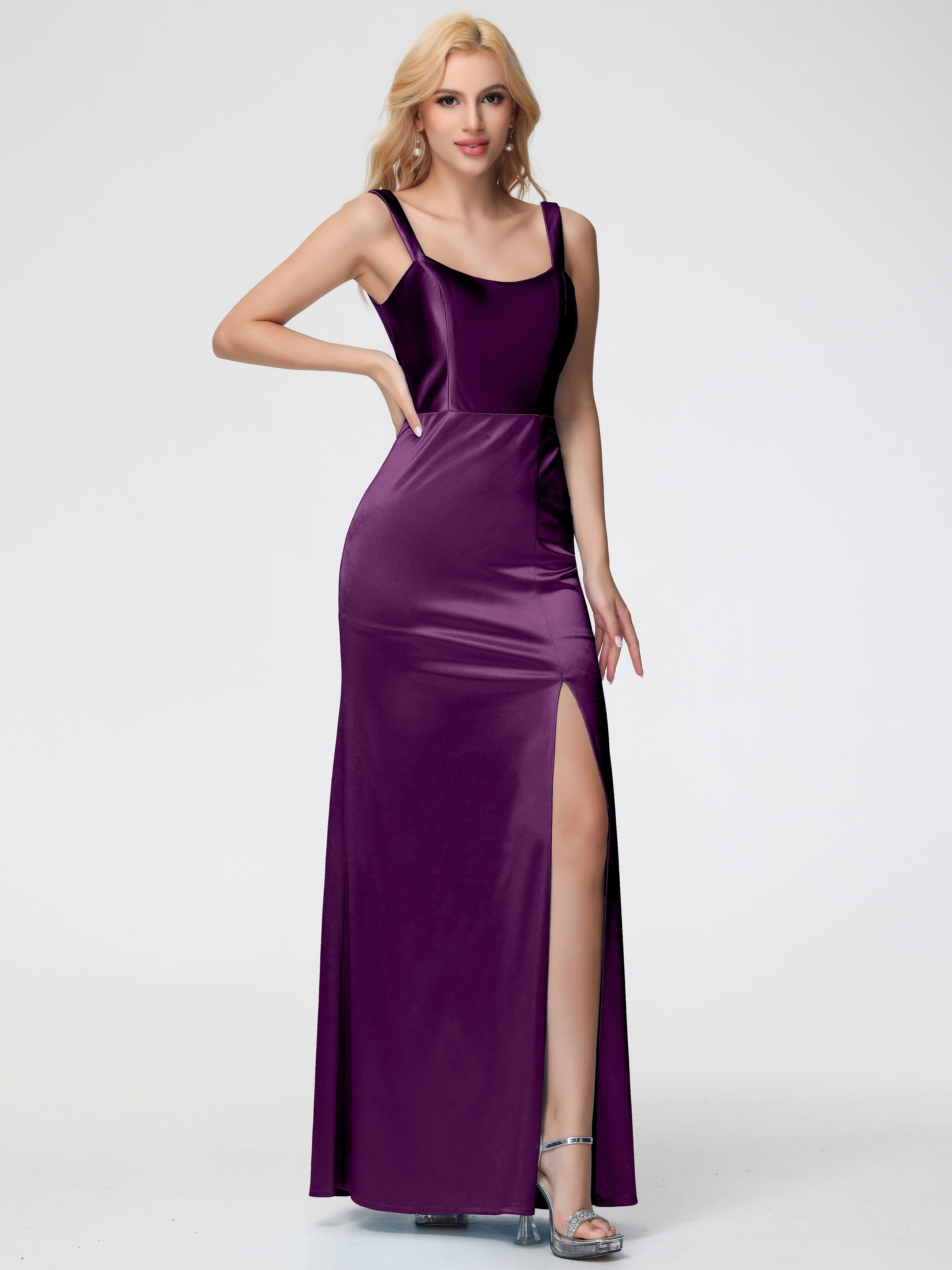 Robes De Demoiselle D'Honneur En Raisin Col Bénitier Fourreau/Colonne Fendue Satin Extensible Robe De Demoiselle D'Honneur