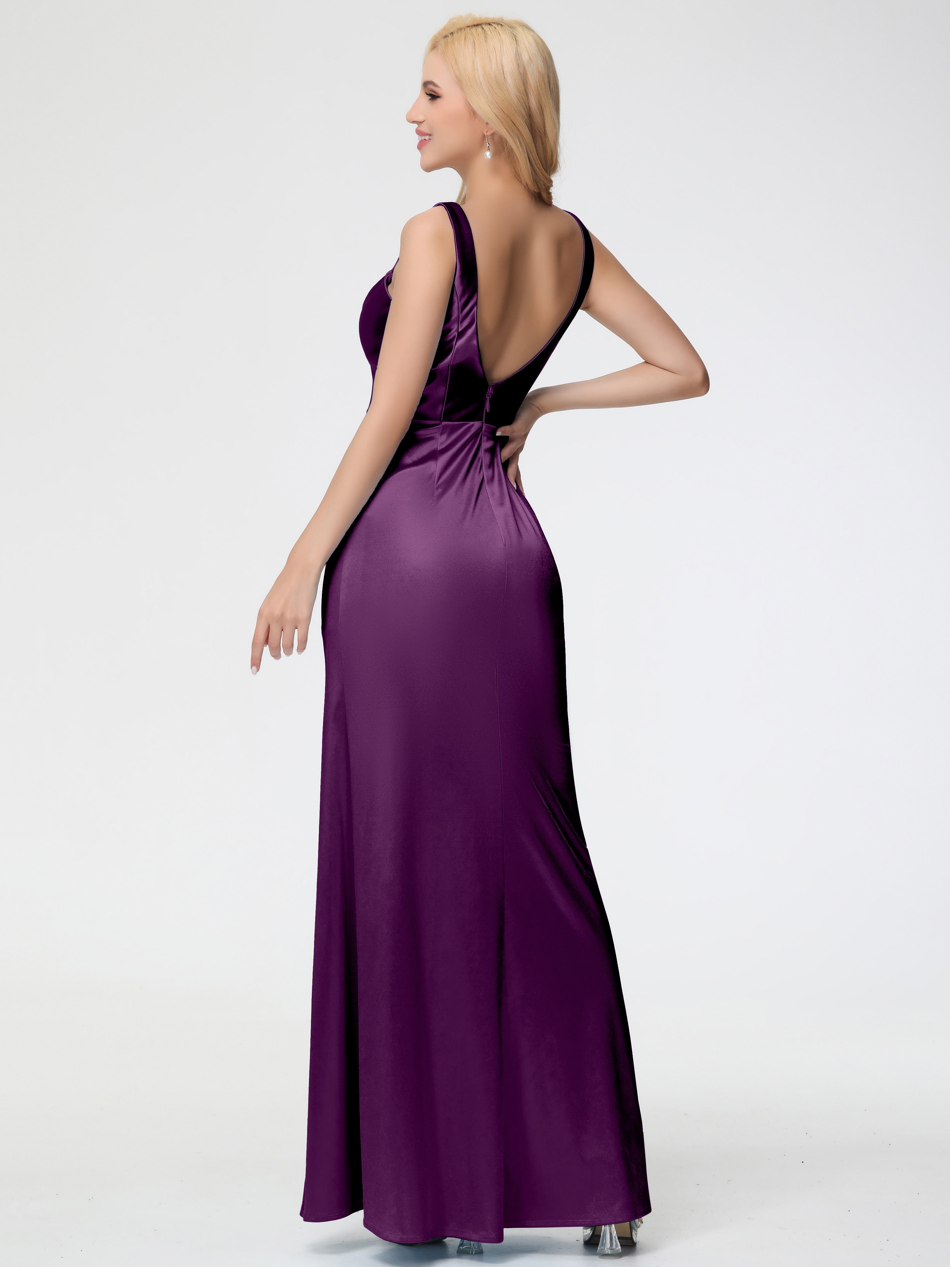 Robes De Demoiselle D'Honneur En Raisin Col Bénitier Fourreau/Colonne Fendue Satin Extensible Robe De Demoiselle D'Honneur