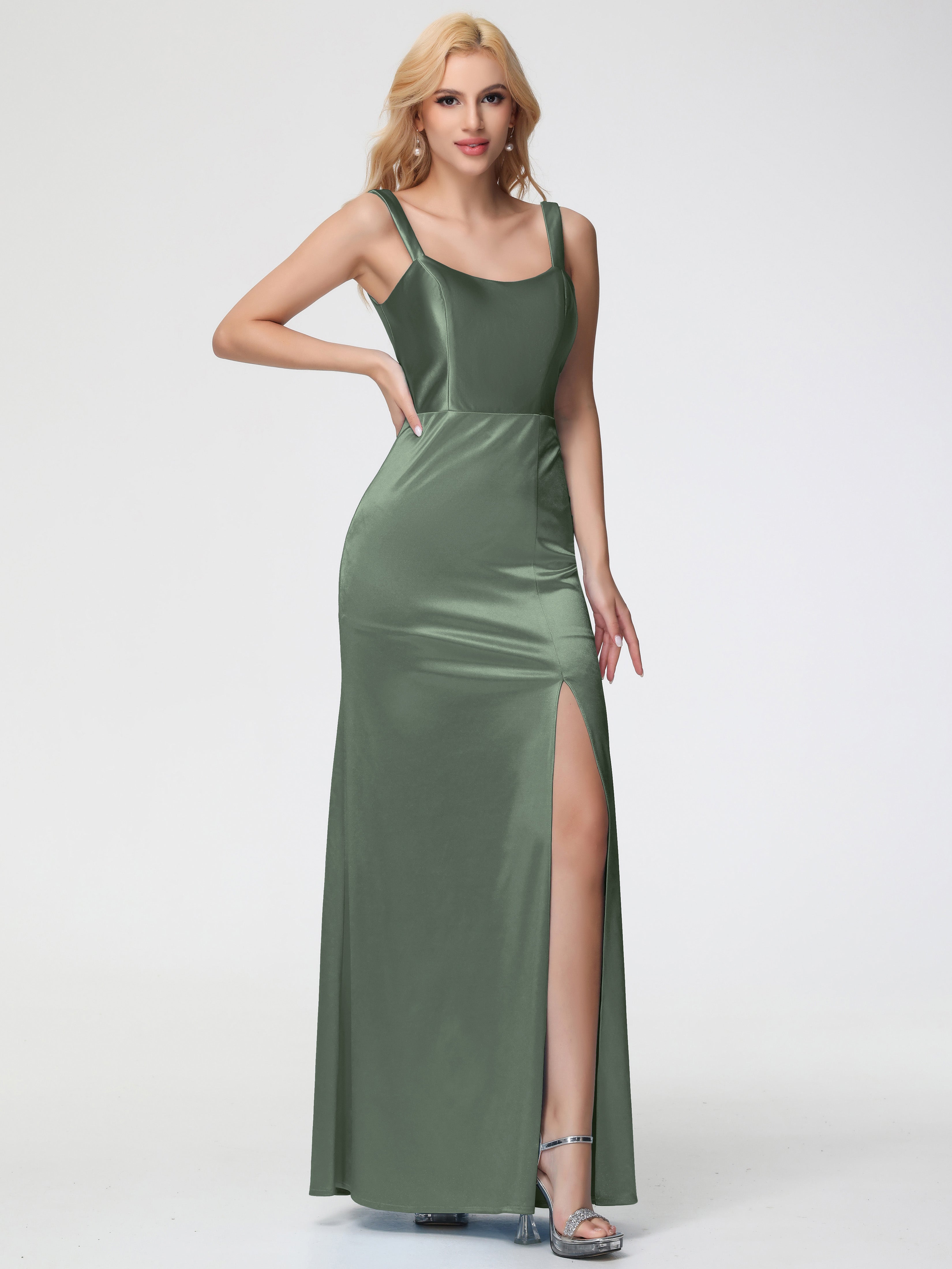 Robes De Demoiselle D'Honneur Olive Col Bénitier Fourreau/Colonne Fendue Satin Extensible Robe De Demoiselle D'Honneur