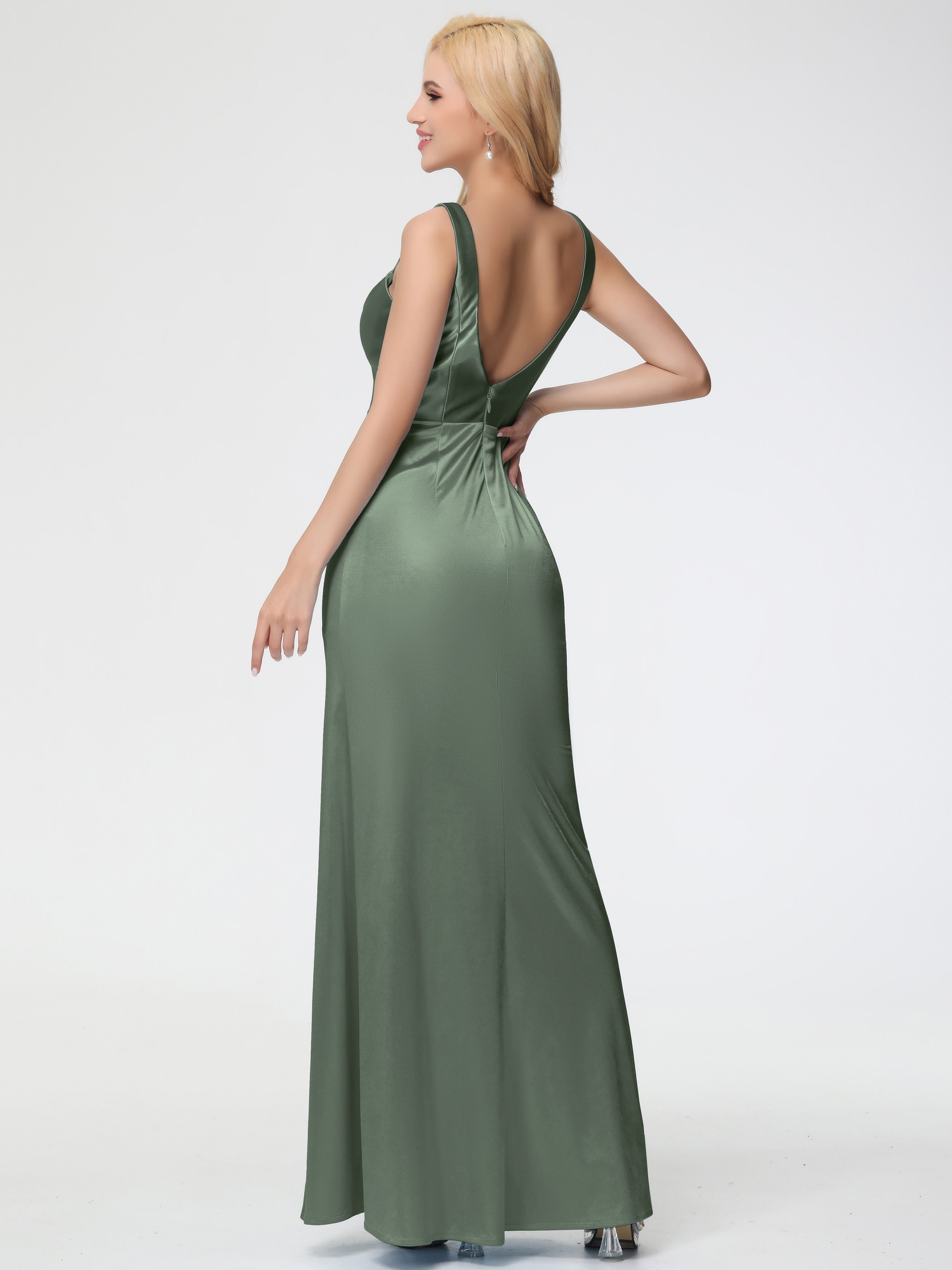 Robes De Demoiselle D'Honneur Olive Col Bénitier Fourreau/Colonne Fendue Satin Extensible Robe De Demoiselle D'Honneur