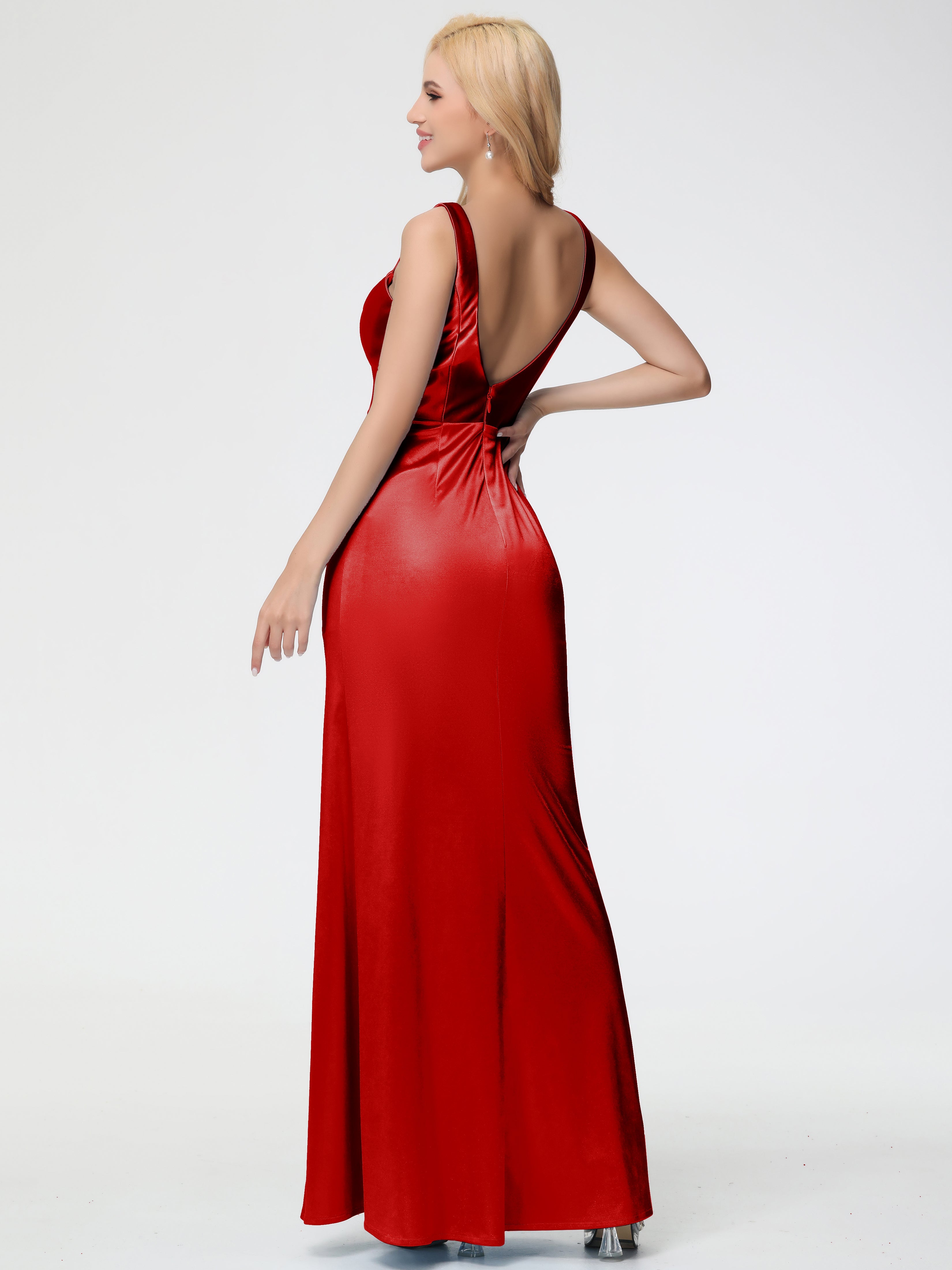 Robe De Demoiselle D Honneur Rouge Pas Cher Col Bénitier Fourreau/Colonne Fendue Satin Extensible Robe De Demoiselle D'Honneur