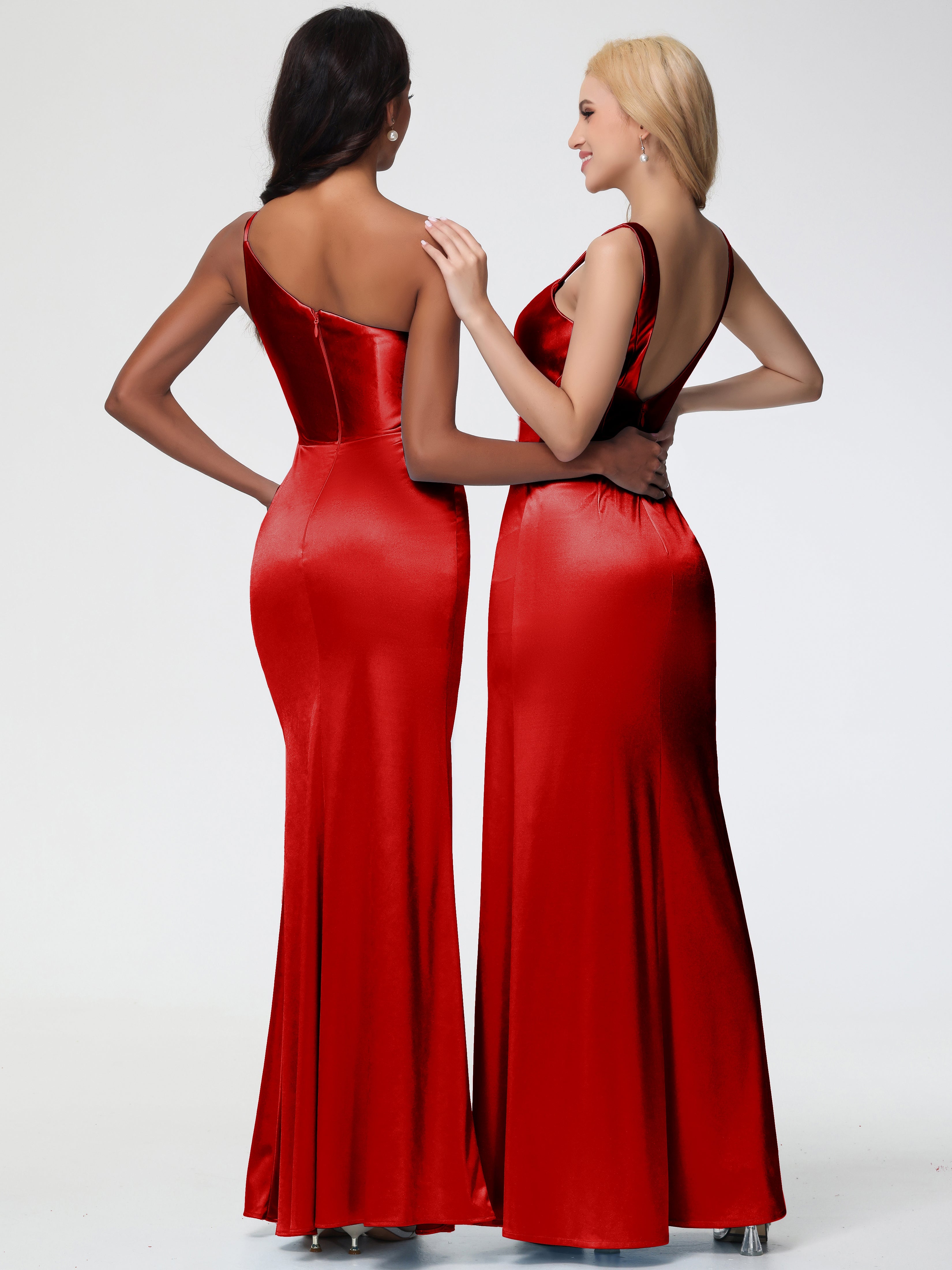 Robe De Demoiselle D Honneur Rouge Pas Cher Col Bénitier Fourreau/Colonne Fendue Satin Extensible Robe De Demoiselle D'Honneur