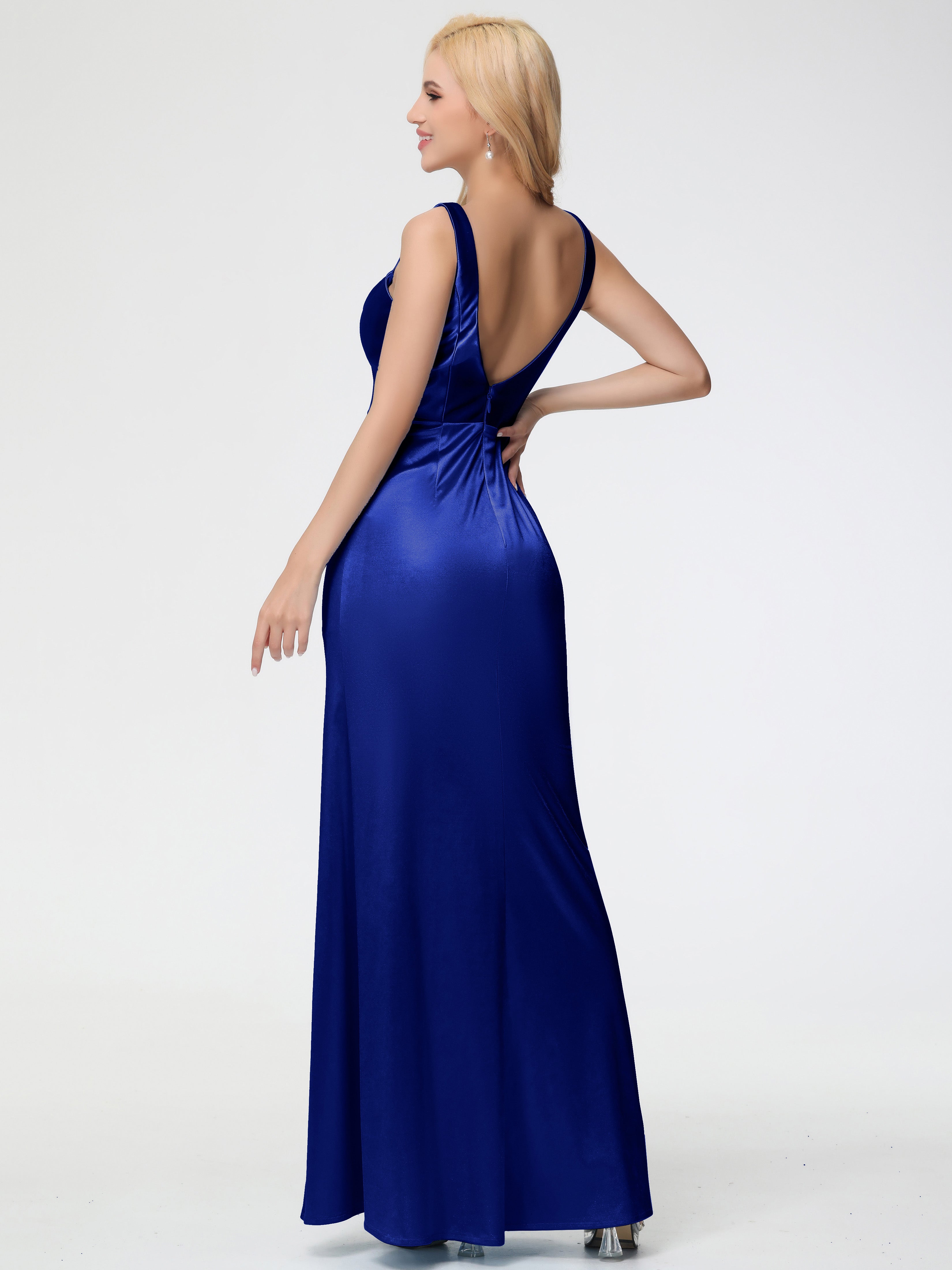 Robes De Demoiselle D'Honneur Bleu Royal Pas Cher Col Bénitier Fourreau/Colonne Fendue Satin Extensible Robe De Demoiselle D'Honneur