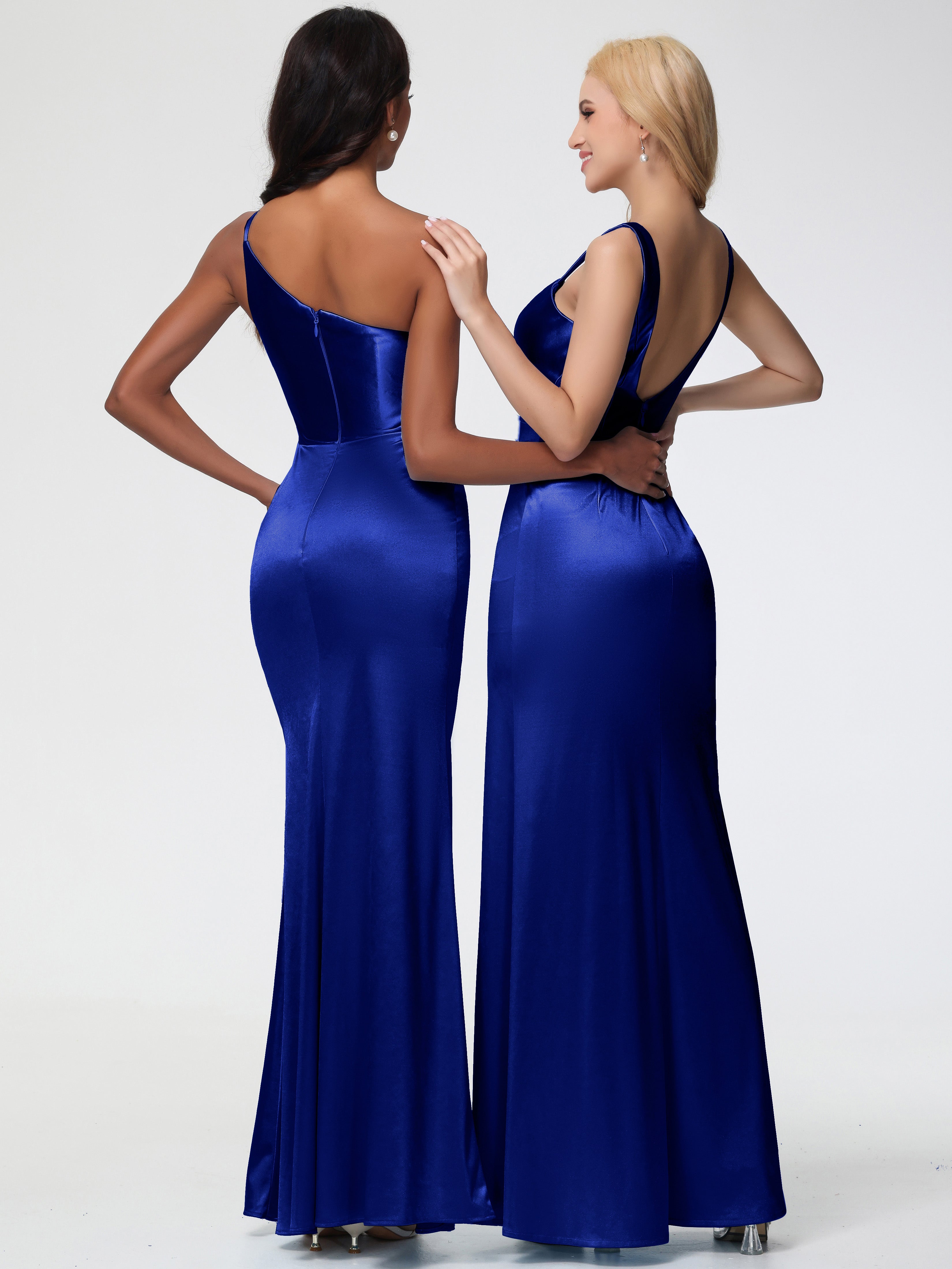 Robes De Demoiselle D'Honneur Bleu Royal Pas Cher Col Bénitier Fourreau/Colonne Fendue Satin Extensible Robe De Demoiselle D'Honneur