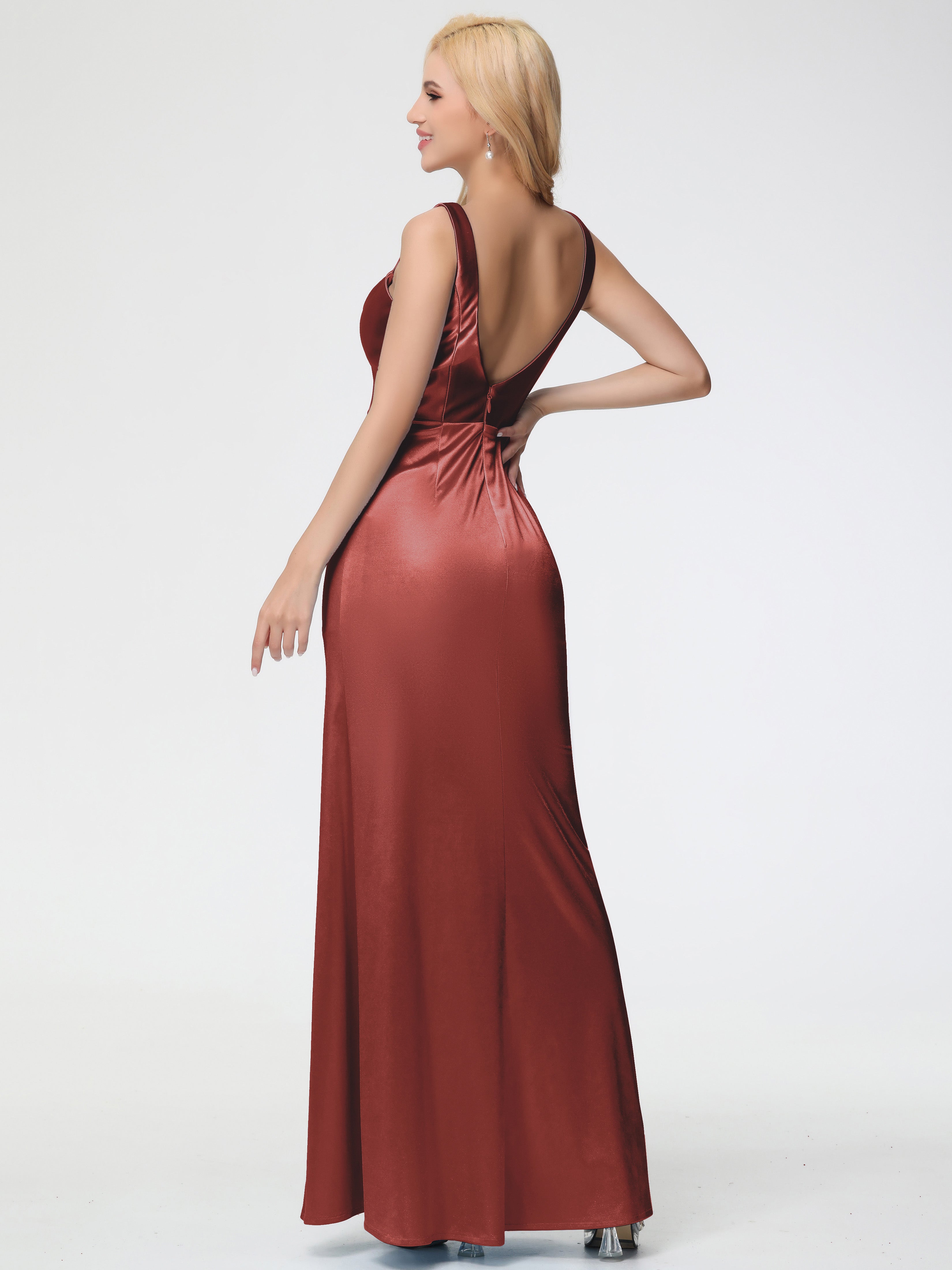 Robes De Demoiselle D'Honneur Couleur Rouille Bon Marché Col Bénitier Fourreau/Colonne Fendue Satin Extensible Robe De Demoiselle D'Honneur