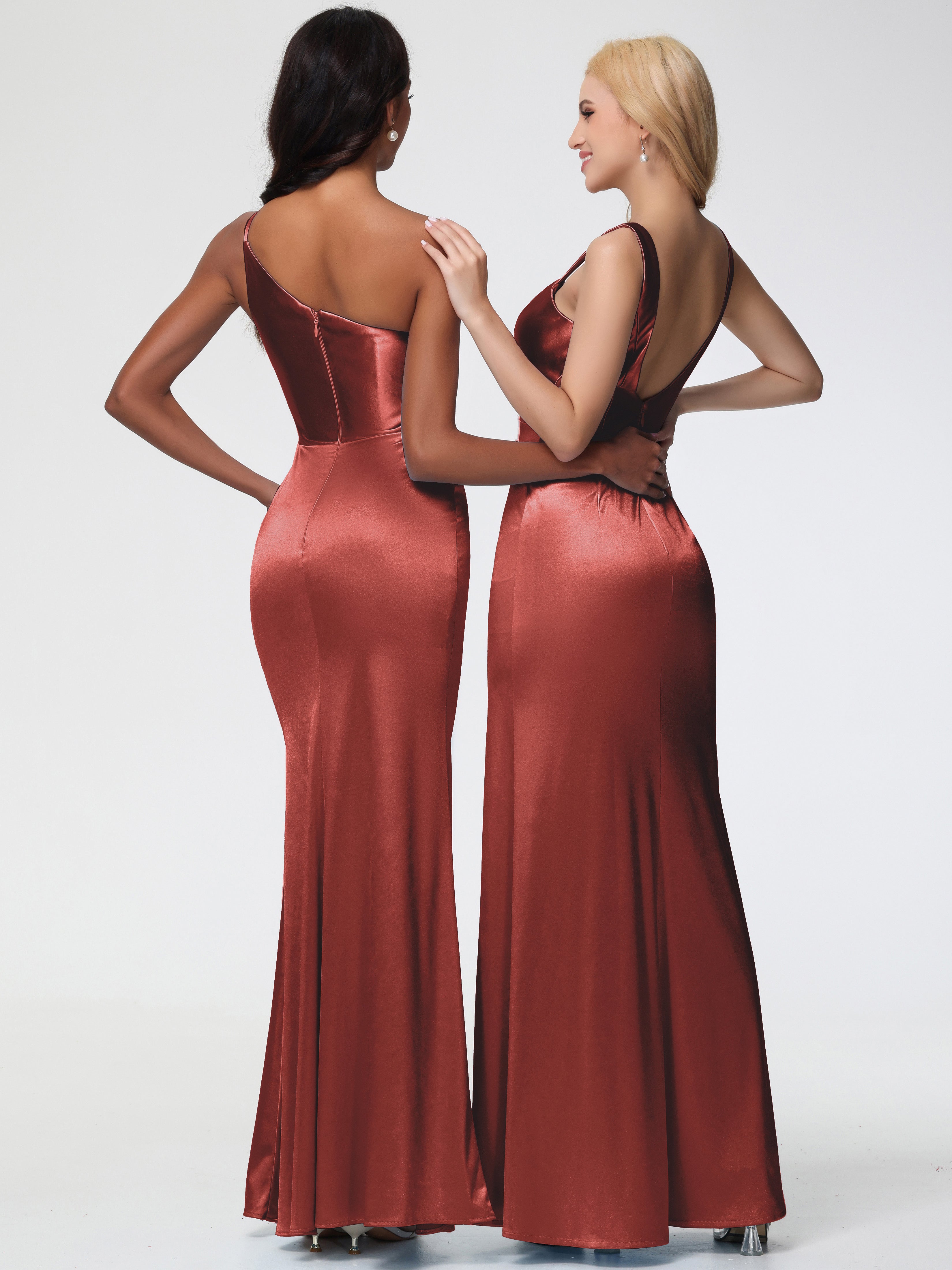 Robes De Demoiselle D'Honneur Couleur Rouille Bon Marché Col Bénitier Fourreau/Colonne Fendue Satin Extensible Robe De Demoiselle D'Honneur