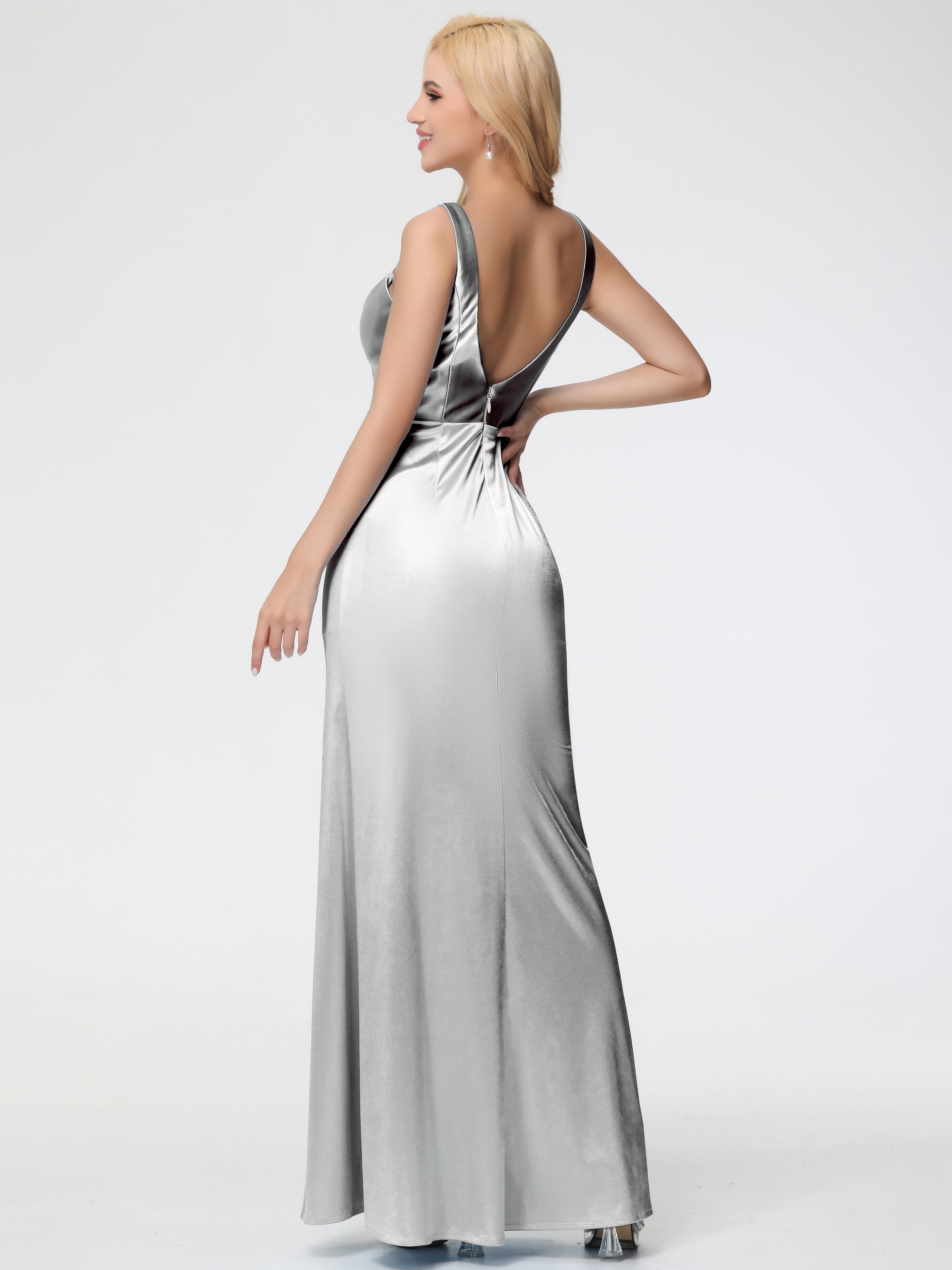 Robes De Demoiselle D'Honneur En Argent Col Bénitier Fourreau/Colonne Fendue Satin Extensible Robe De Demoiselle D'Honneur