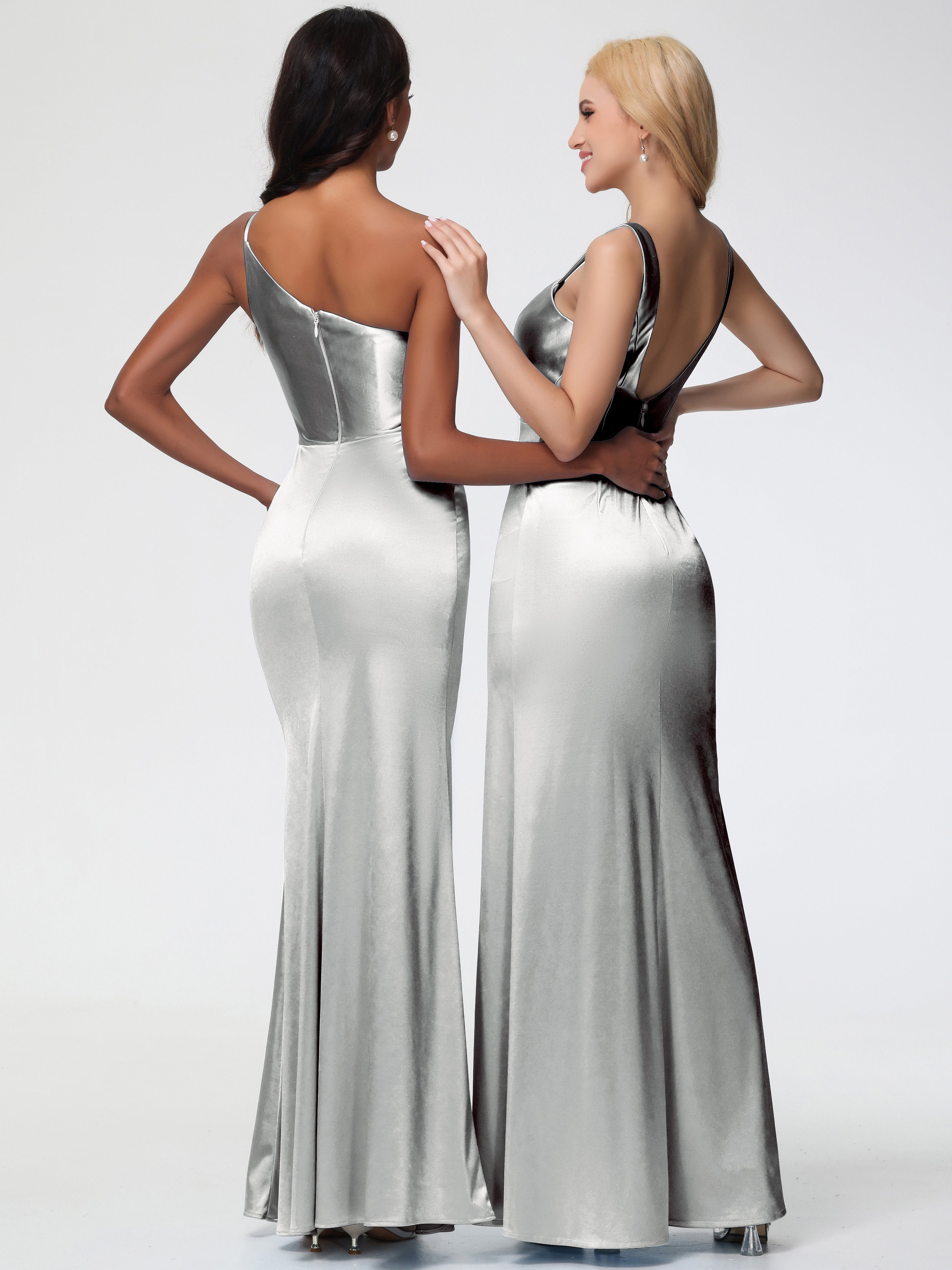 Robes De Demoiselle D'Honneur En Argent Col Bénitier Fourreau/Colonne Fendue Satin Extensible Robe De Demoiselle D'Honneur