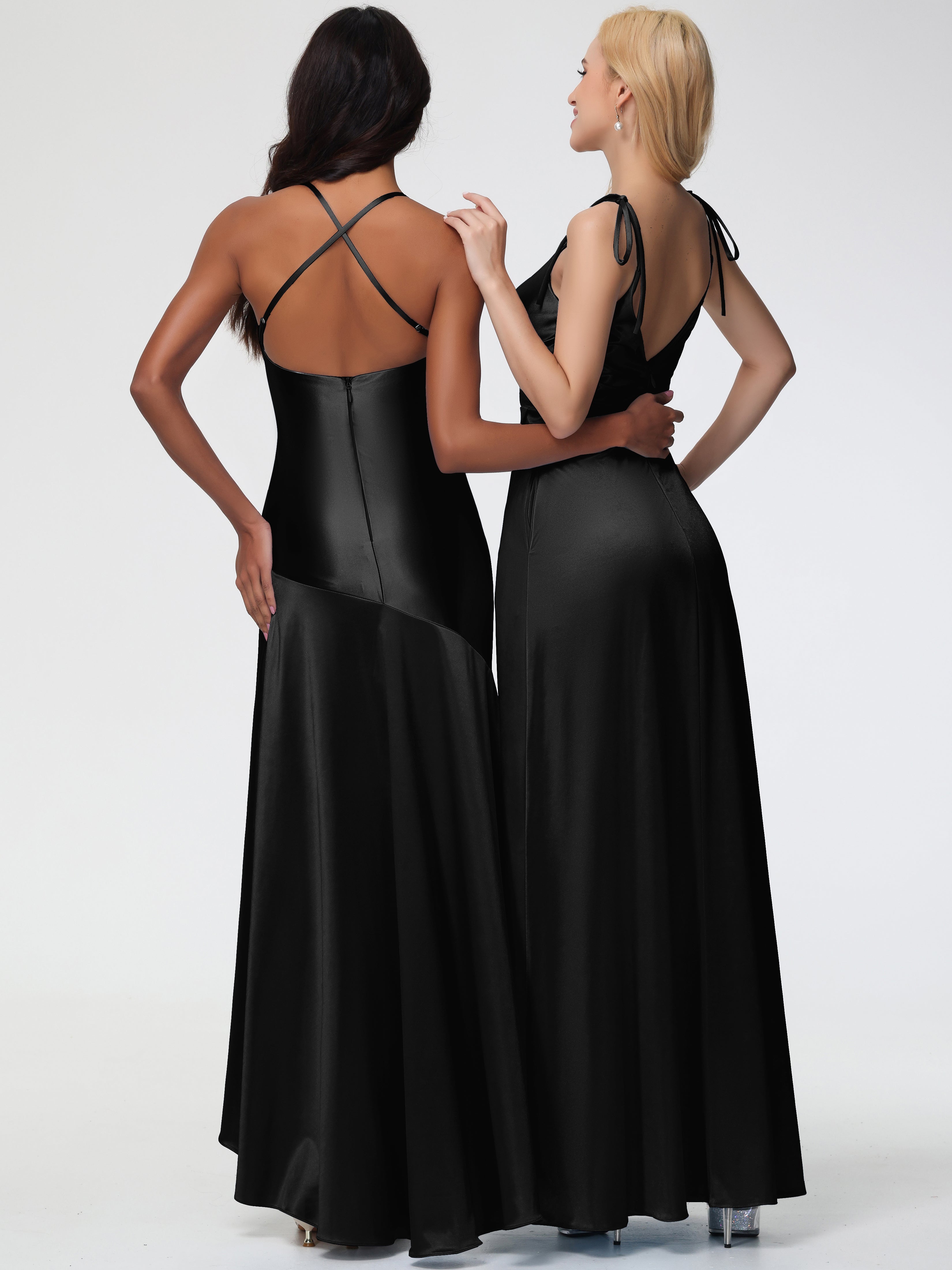 Robes De Demoiselle D'Honneur Noires Bon Marché Col V Dos V Trapèze Fendue Satin Extensible Robe De Demoiselle D'Honneur Robe Plissé