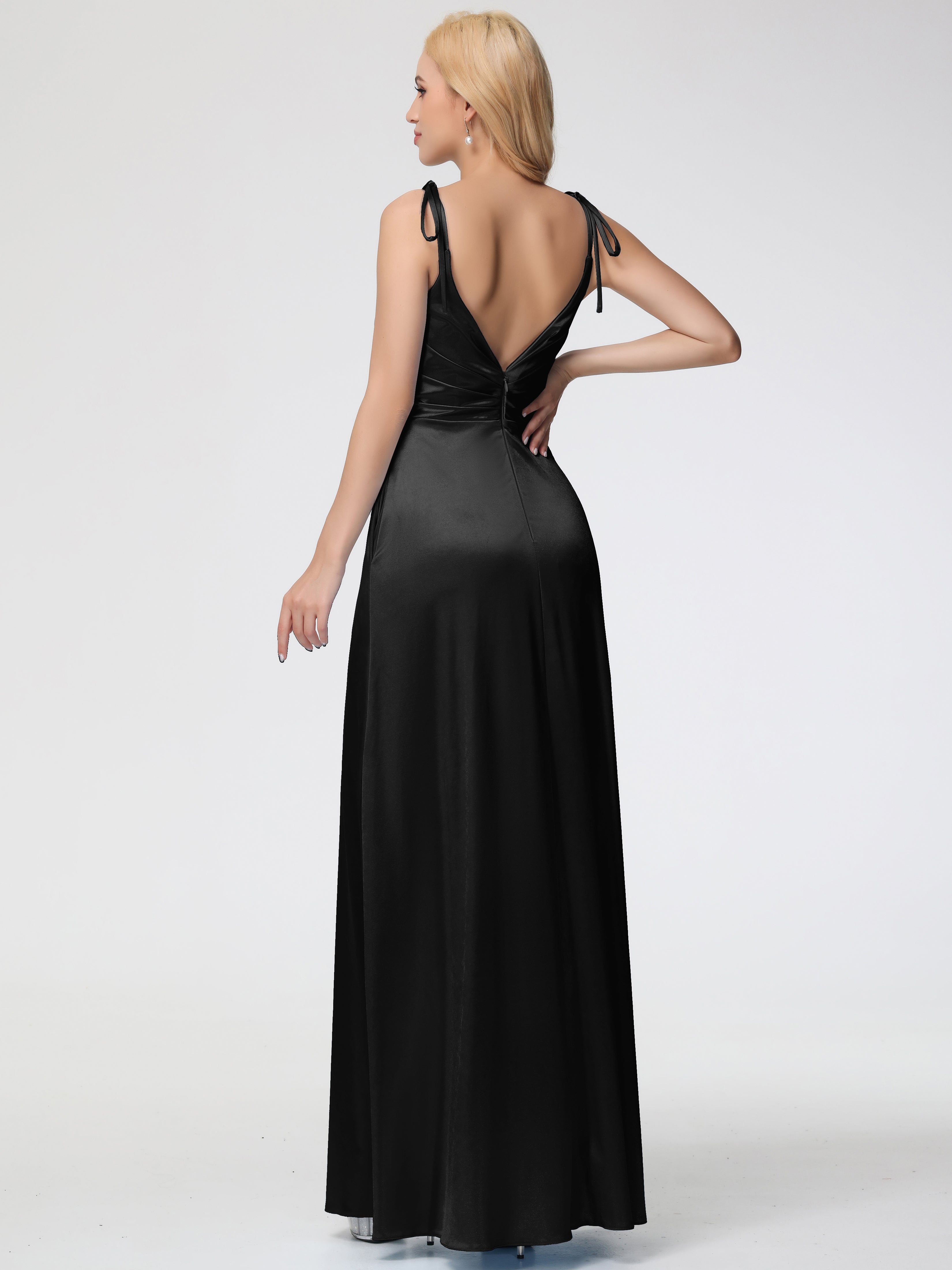 Robes De Demoiselle D'Honneur Noires Bon Marché Col V Dos V Trapèze Fendue Satin Extensible Robe De Demoiselle D'Honneur Robe Plissé