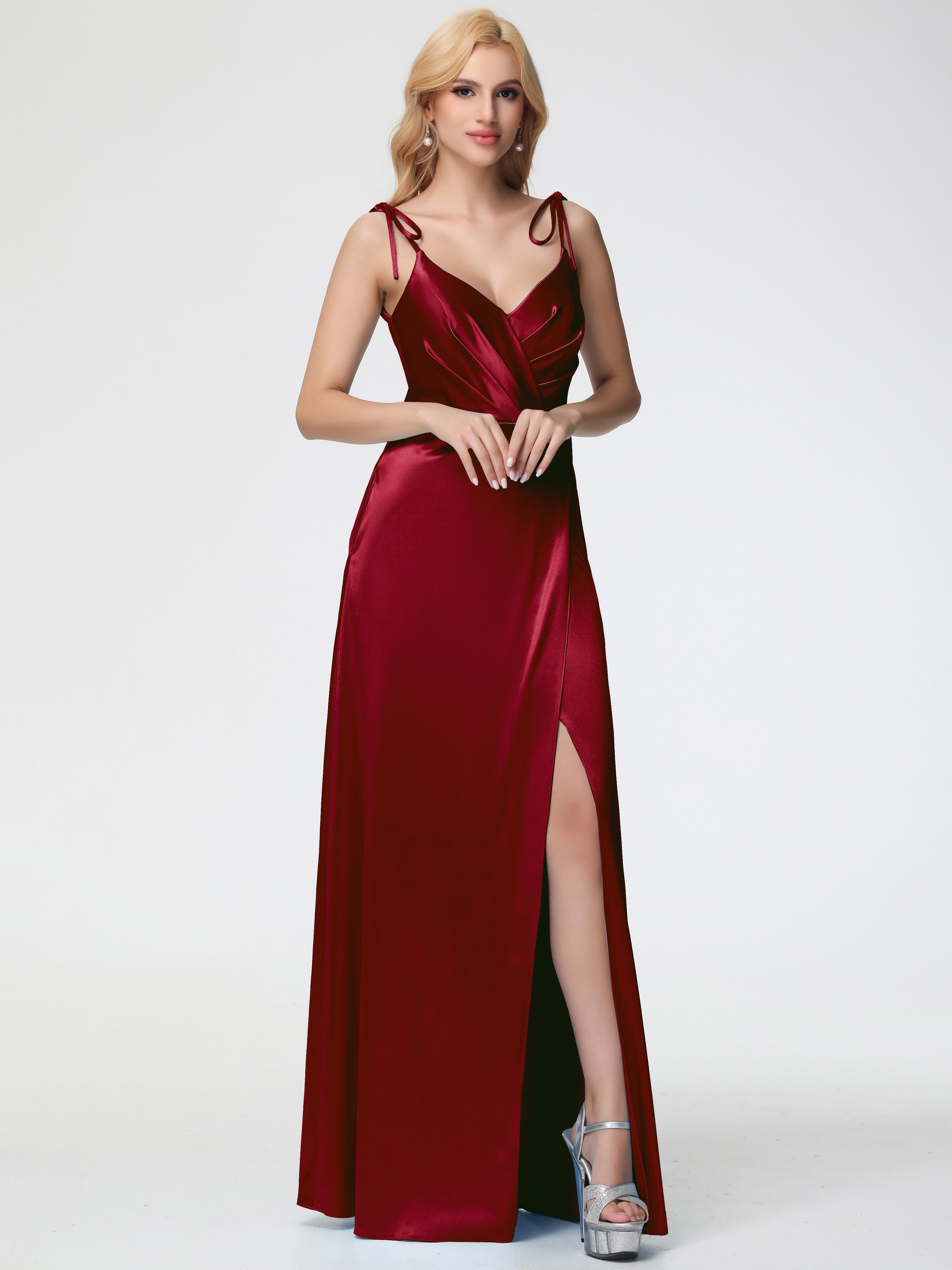 Robes De Demoiselle D'Honneur Rouge Bordeaux Col V Dos V Trapèze Fendue Satin Extensible Robe De Demoiselle D'Honneur Robe Plissé