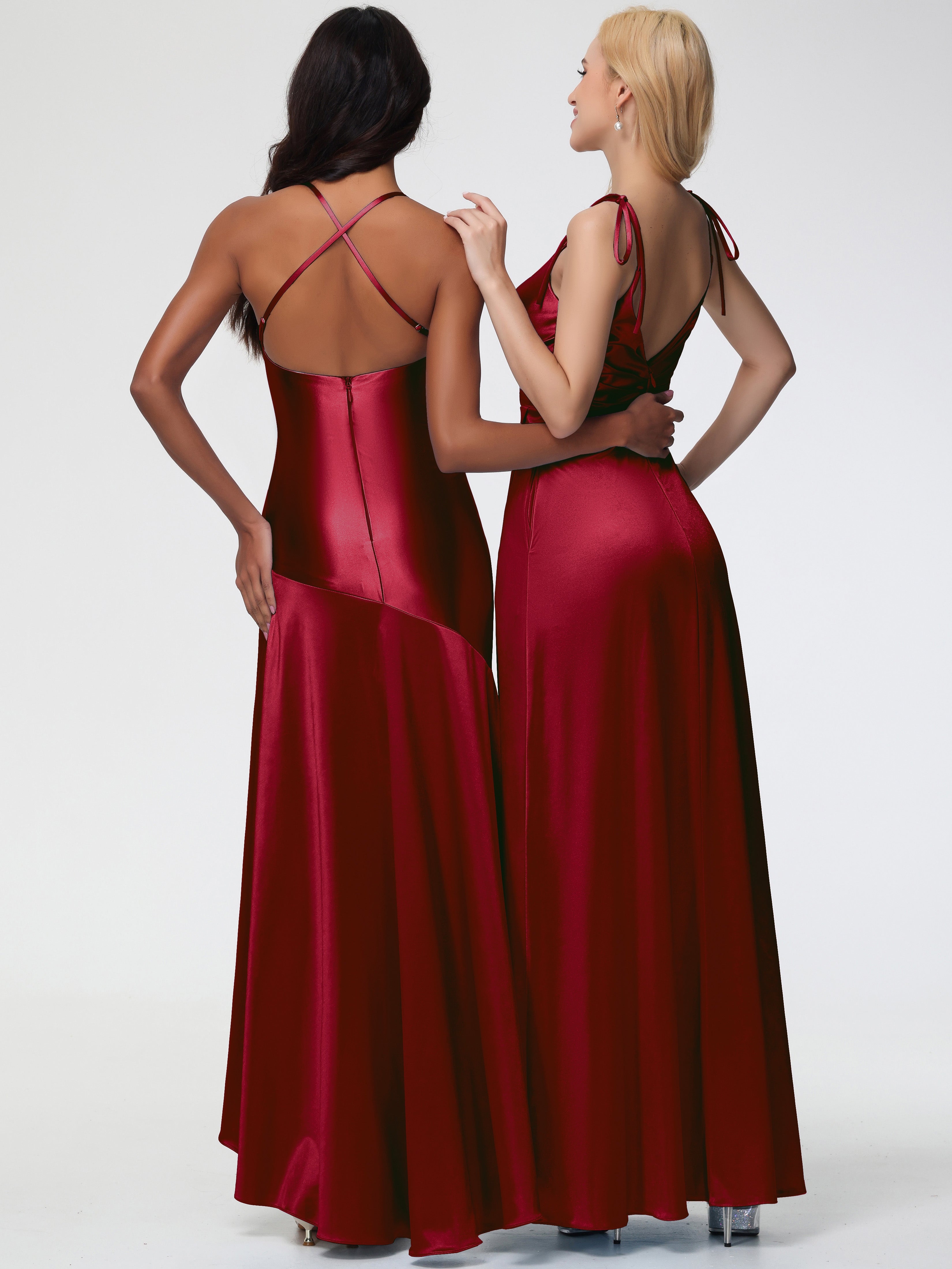 Robes De Demoiselle D'Honneur Rouge Bordeaux Col V Dos V Trapèze Fendue Satin Extensible Robe De Demoiselle D'Honneur Robe Plissé