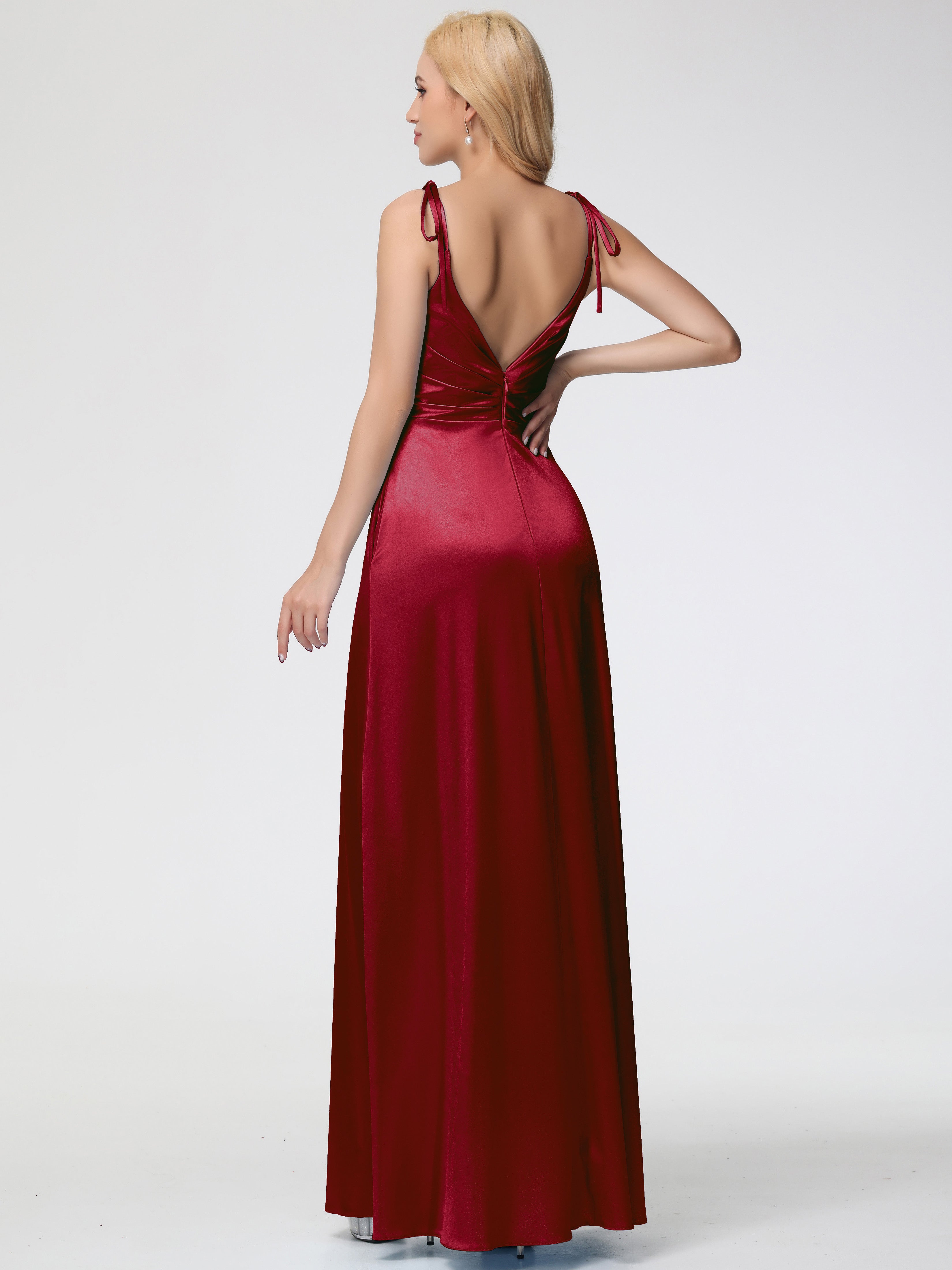 Robes De Demoiselle D'Honneur Rouge Bordeaux Col V Dos V Trapèze Fendue Satin Extensible Robe De Demoiselle D'Honneur Robe Plissé