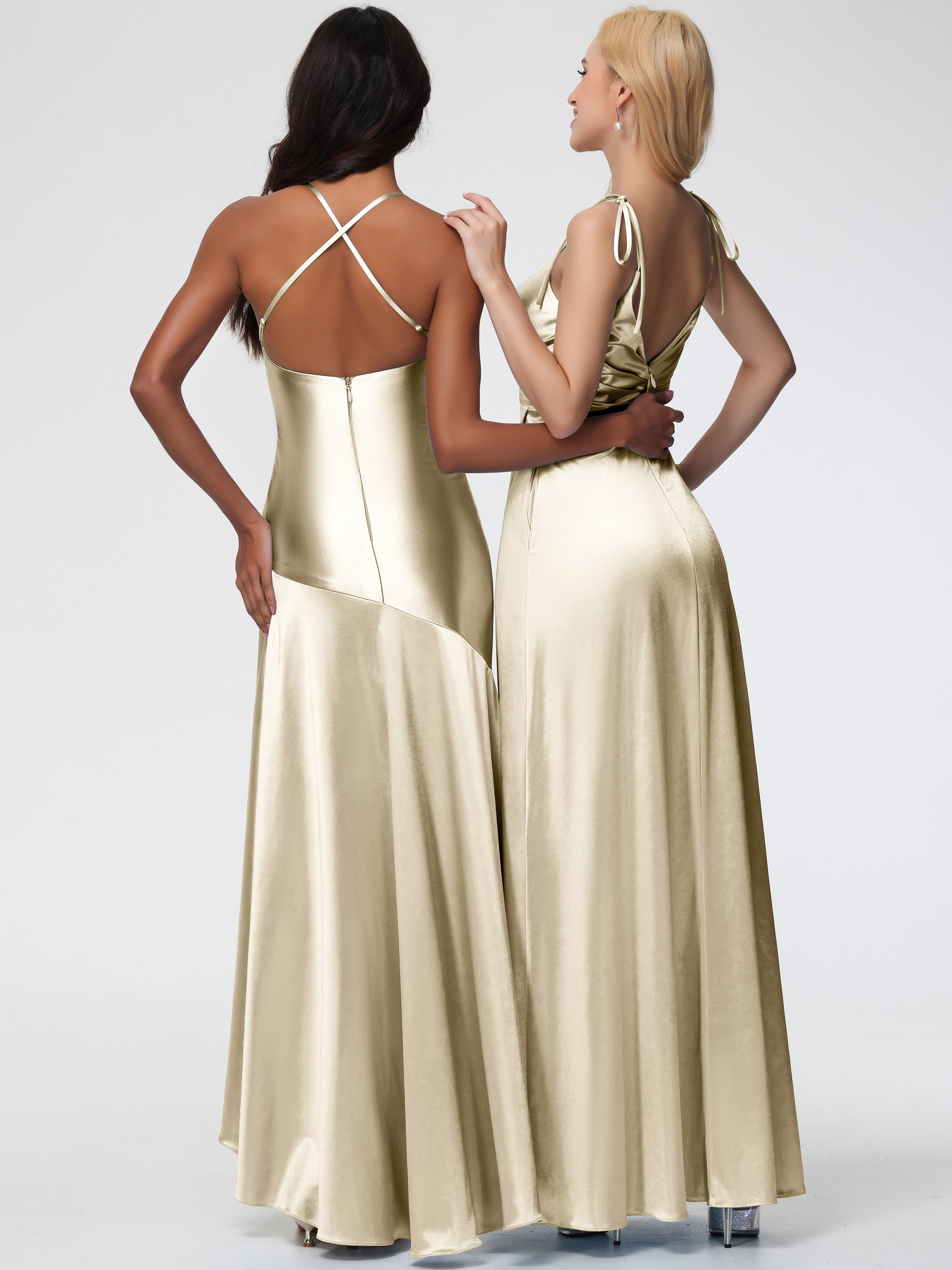 Robe De Demoiselle D'Honneur Champagne Col V Dos V Trapèze Fendue Satin Extensible Robe De Demoiselle D'Honneur Robe Plissé