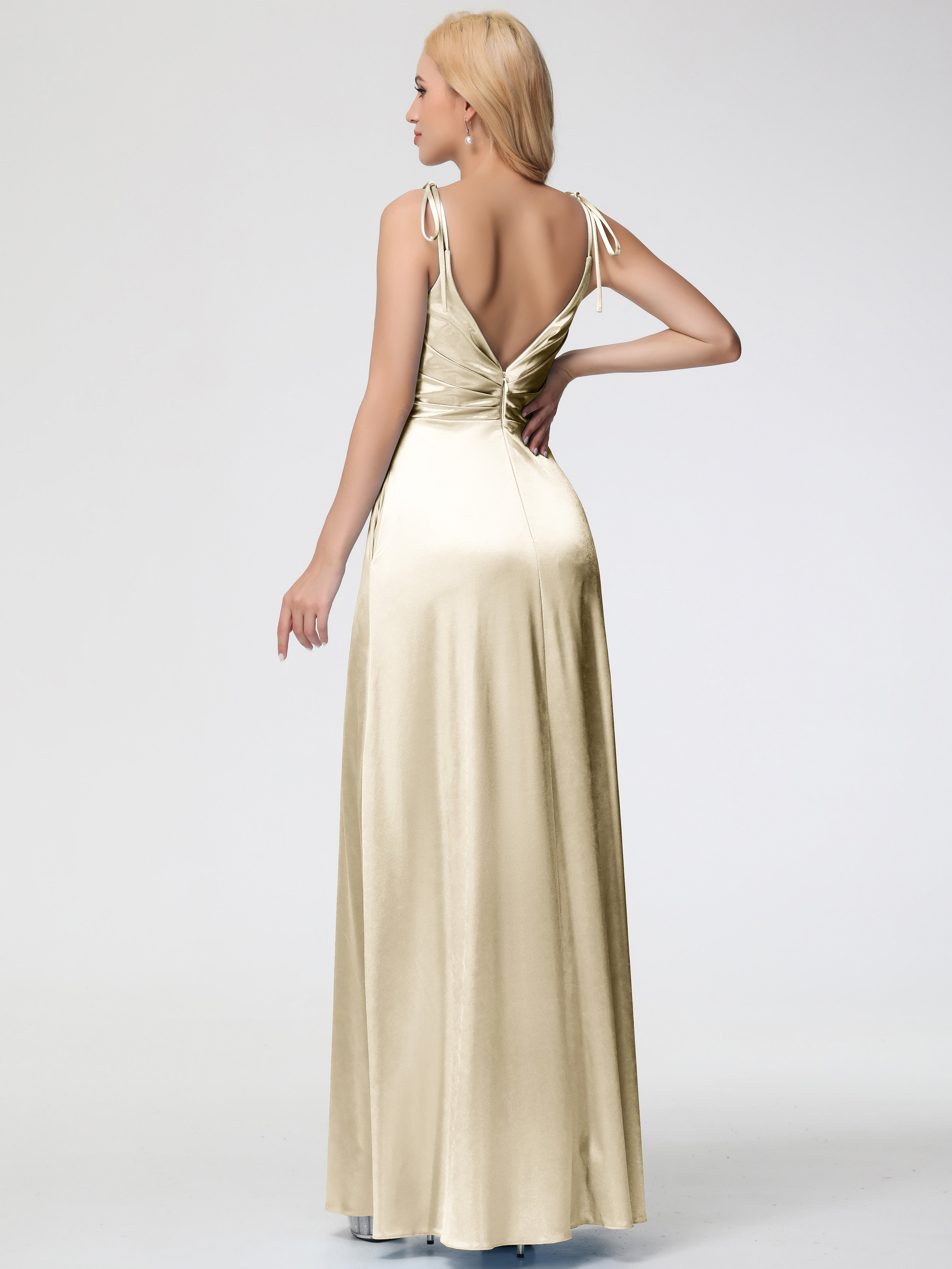 Robe De Demoiselle D'Honneur Champagne Col V Dos V Trapèze Fendue Satin Extensible Robe De Demoiselle D'Honneur Robe Plissé