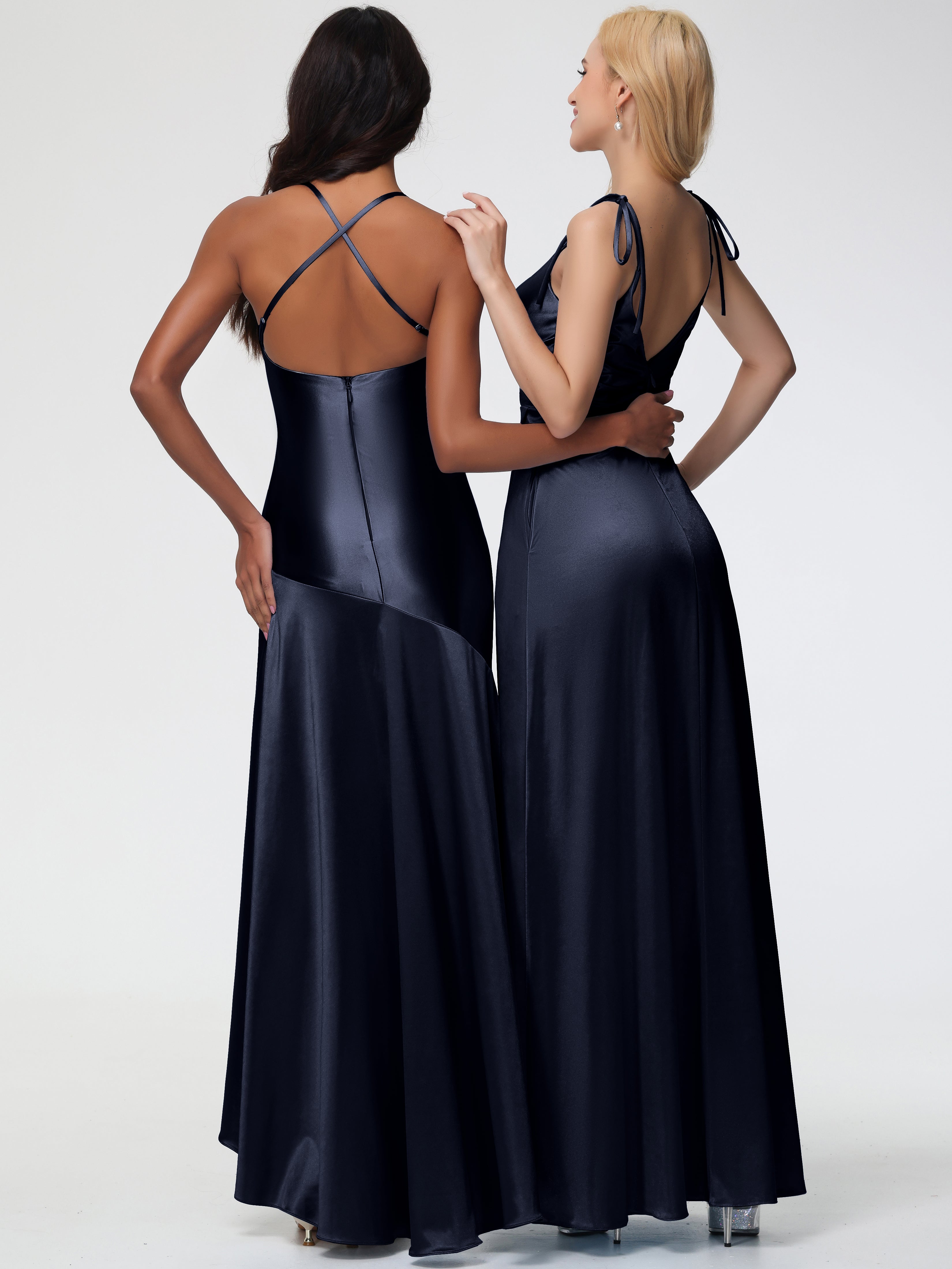 Longues Robes De Demoiselle D'Honneur Bleu Marine Col V Dos V Trapèze Fendue Satin Extensible Robe De Demoiselle D'Honneur Robe Plissé