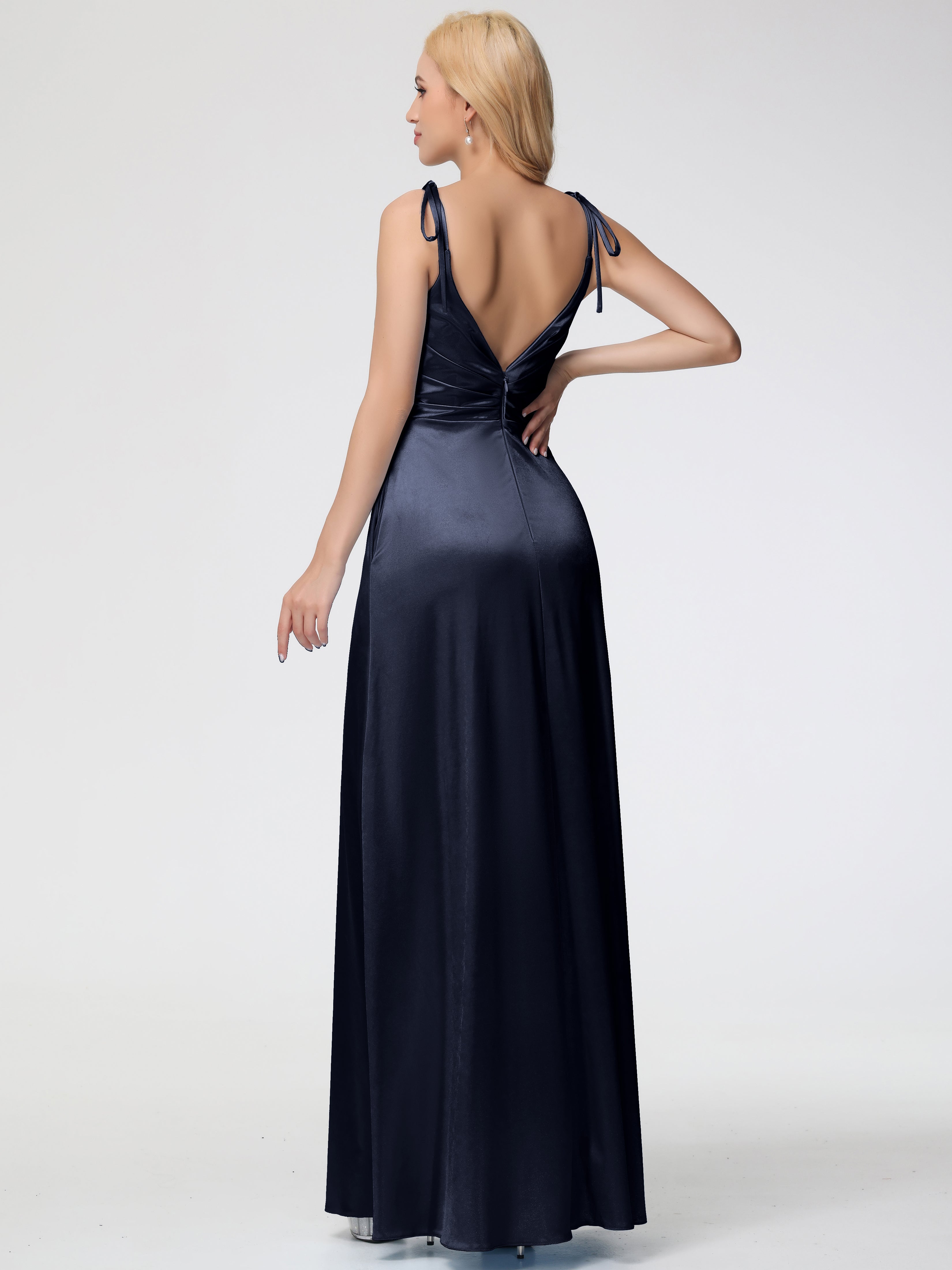 Longues Robes De Demoiselle D'Honneur Bleu Marine Col V Dos V Trapèze Fendue Satin Extensible Robe De Demoiselle D'Honneur Robe Plissé