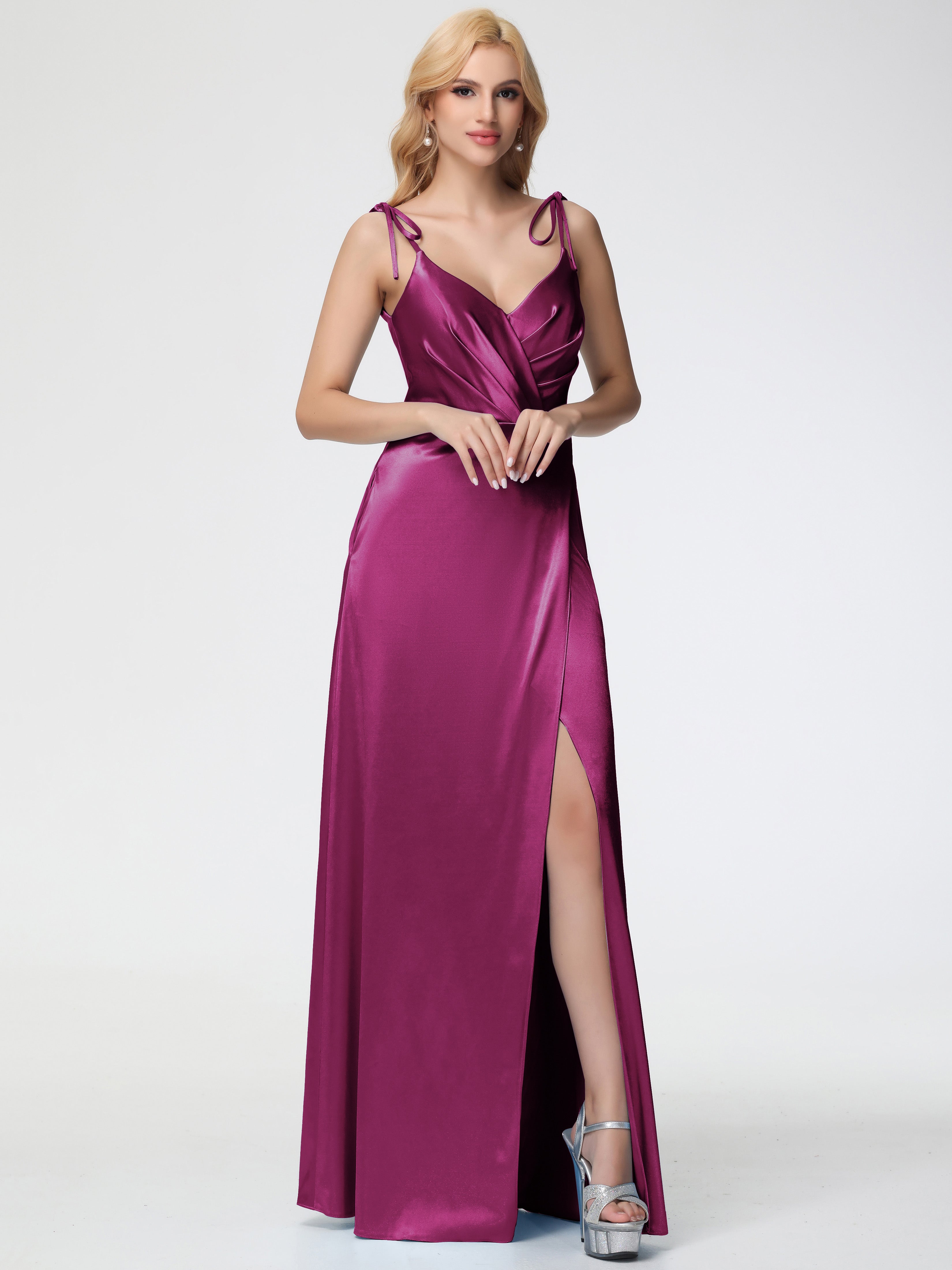 Robes De Demoiselle D'Honneur Couleur Fuchsia Rose Col V Dos V Trapèze Fendue Satin Extensible Robe De Demoiselle D'Honneur Robe Plissé