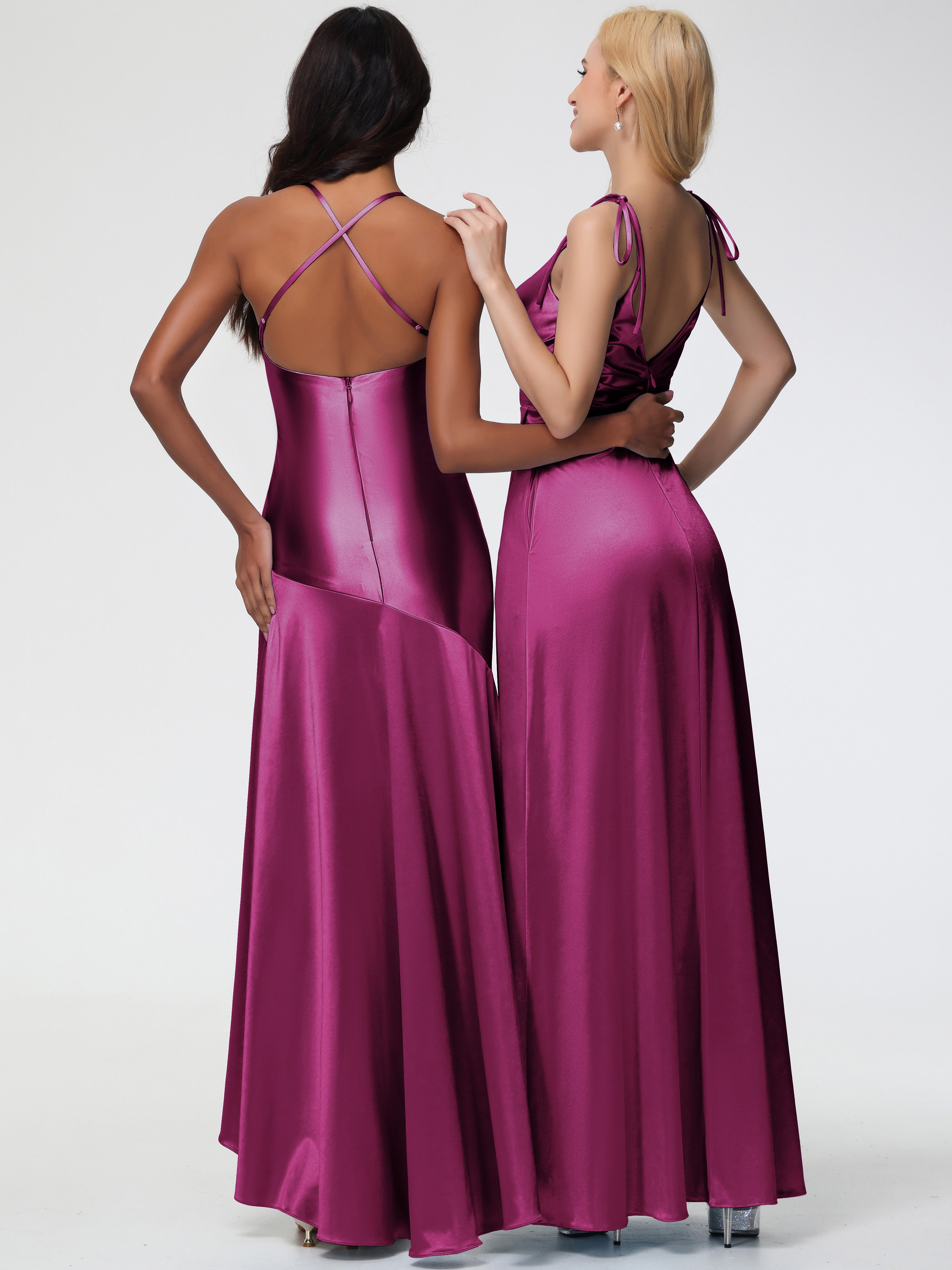 Robes De Demoiselle D'Honneur Couleur Fuchsia Rose Col V Dos V Trapèze Fendue Satin Extensible Robe De Demoiselle D'Honneur Robe Plissé