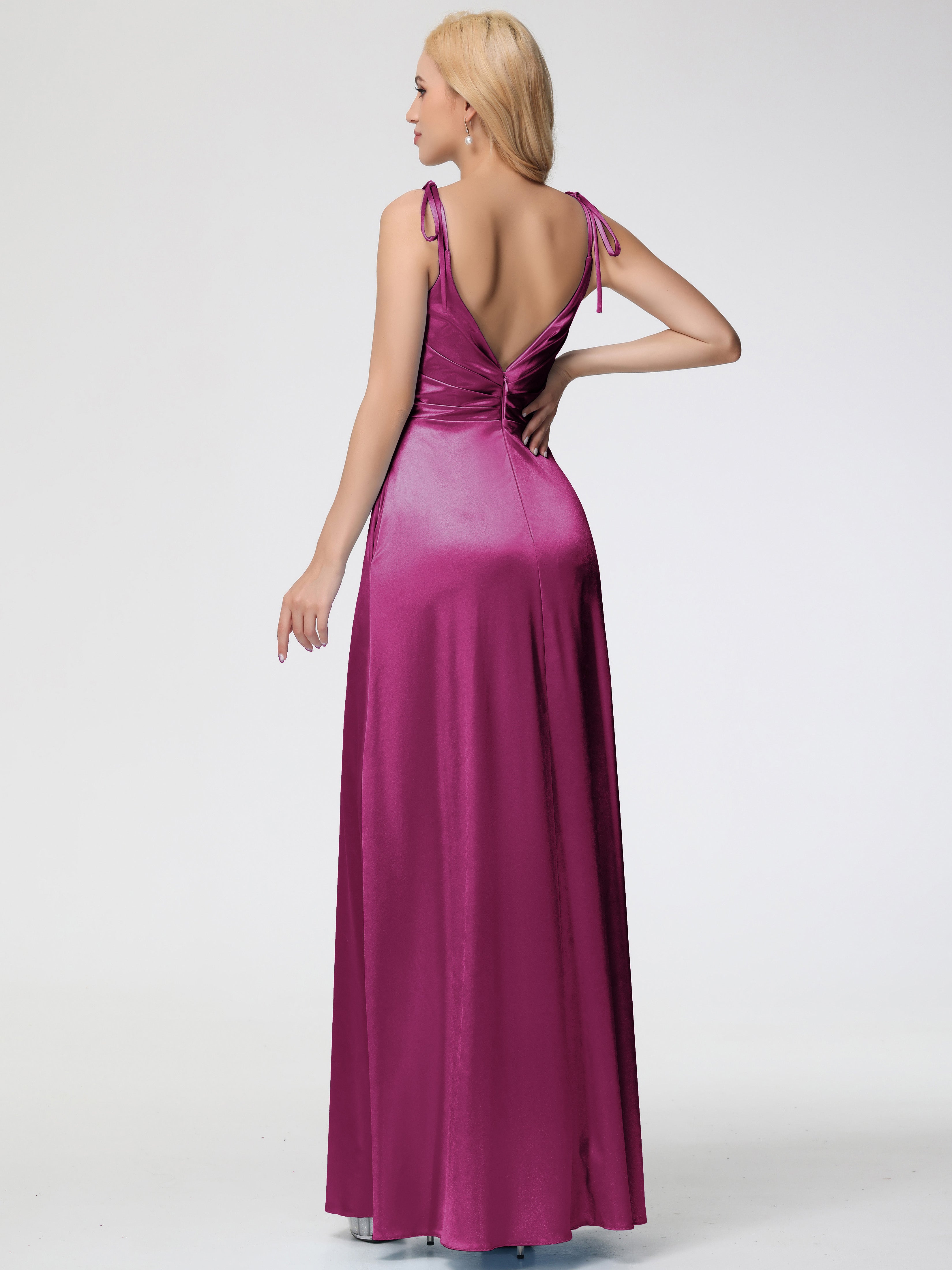 Robes De Demoiselle D'Honneur Couleur Fuchsia Rose Col V Dos V Trapèze Fendue Satin Extensible Robe De Demoiselle D'Honneur Robe Plissé