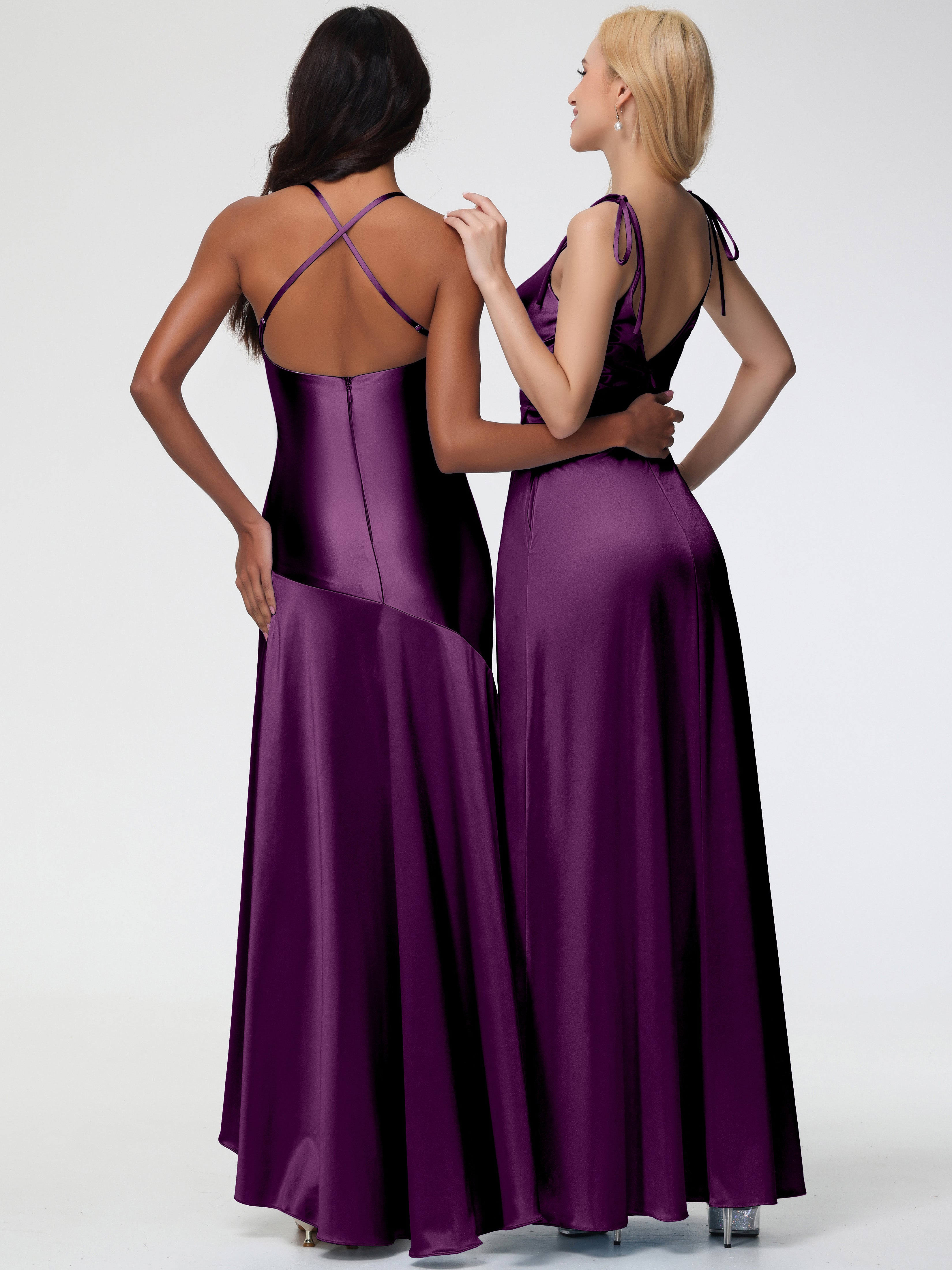 Robes De Demoiselle D'Honneur En Raisin Col V Dos V Trapèze Fendue Satin Extensible Robe De Demoiselle D'Honneur Robe Plissé