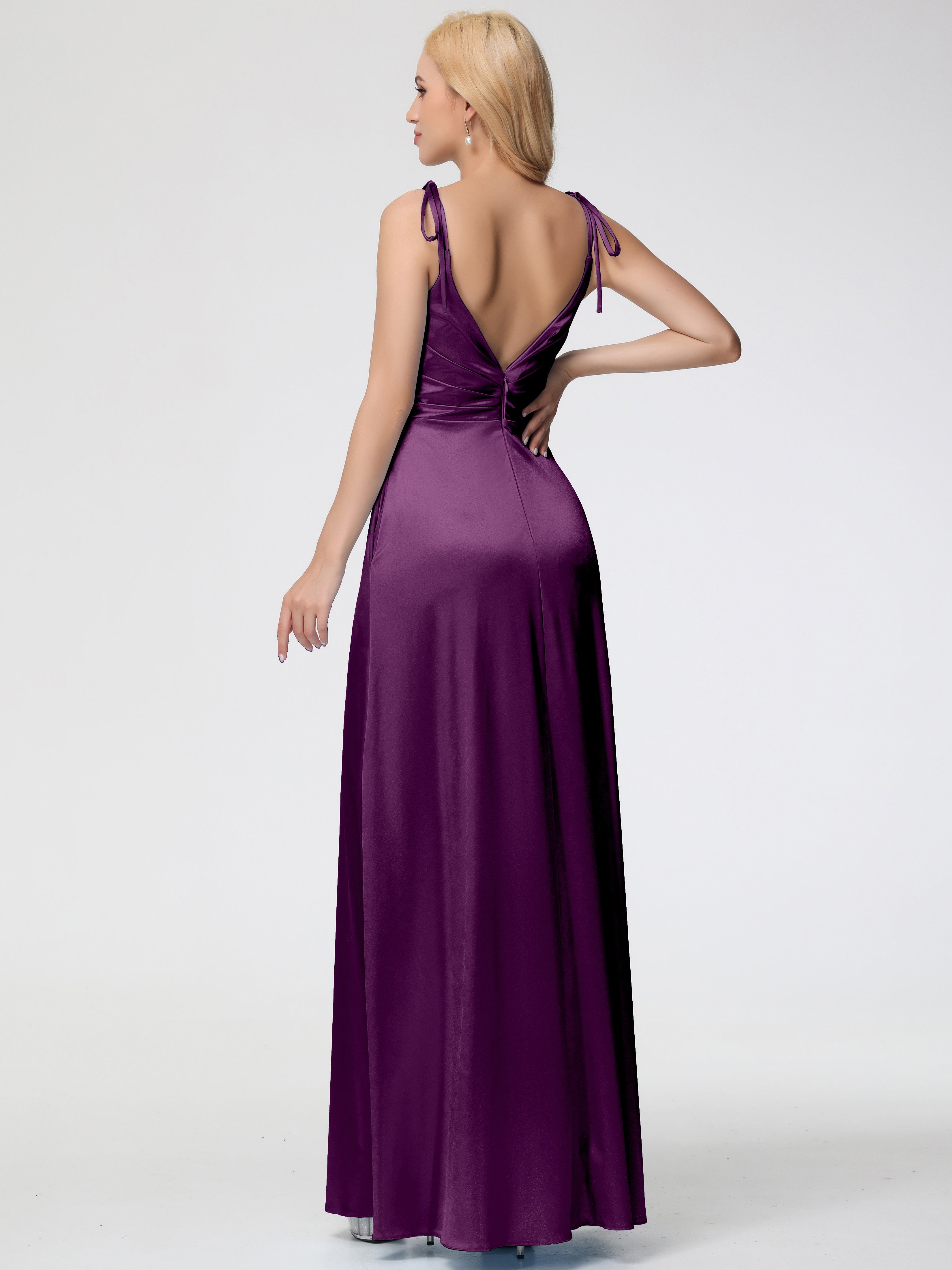 Robes De Demoiselle D'Honneur En Raisin Col V Dos V Trapèze Fendue Satin Extensible Robe De Demoiselle D'Honneur Robe Plissé