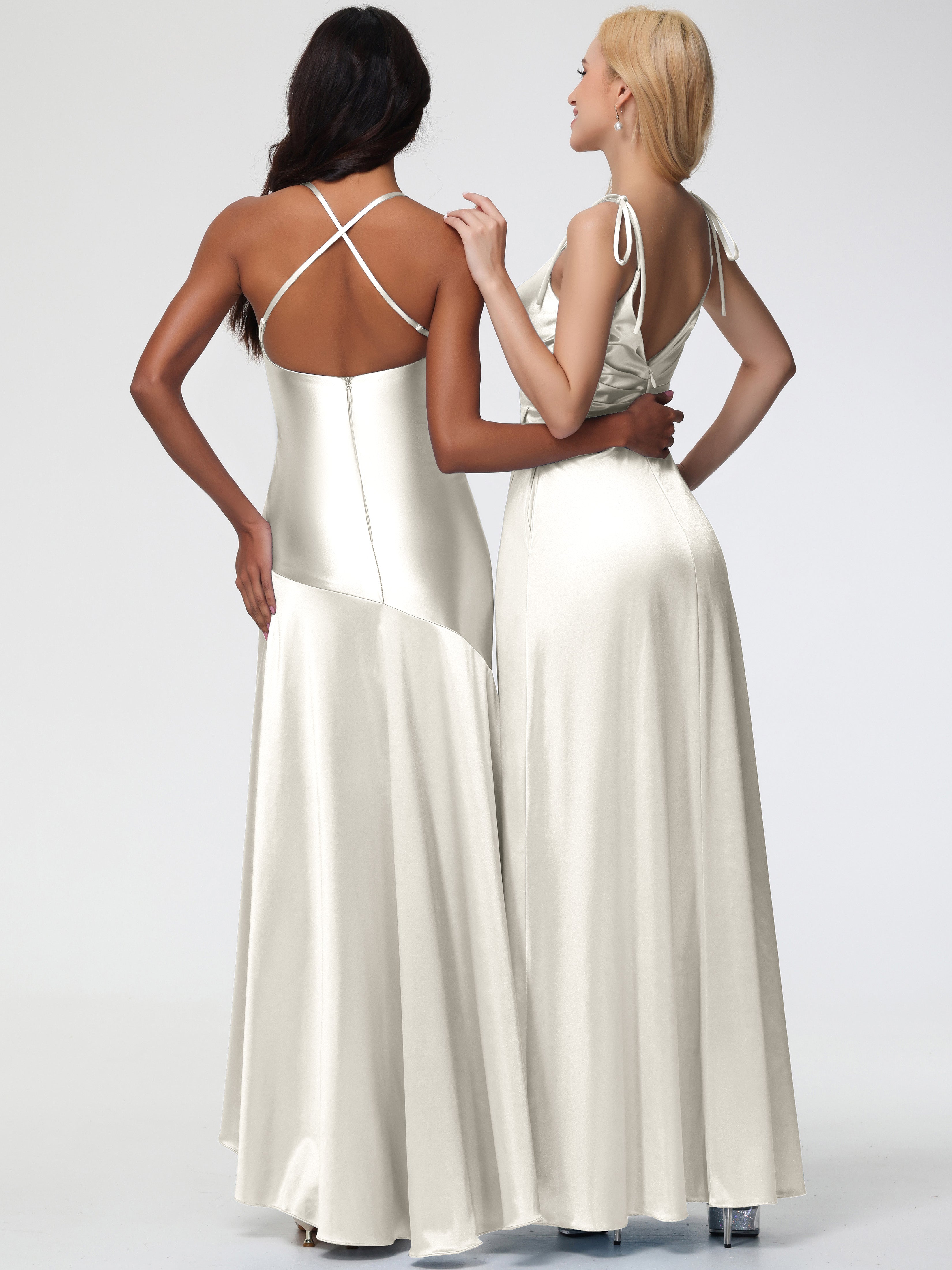 Robes De Demoiselle D'Honneur Ivoire Col V Dos V Trapèze Fendue Satin Extensible Robe De Demoiselle D'Honneur Robe Plissé