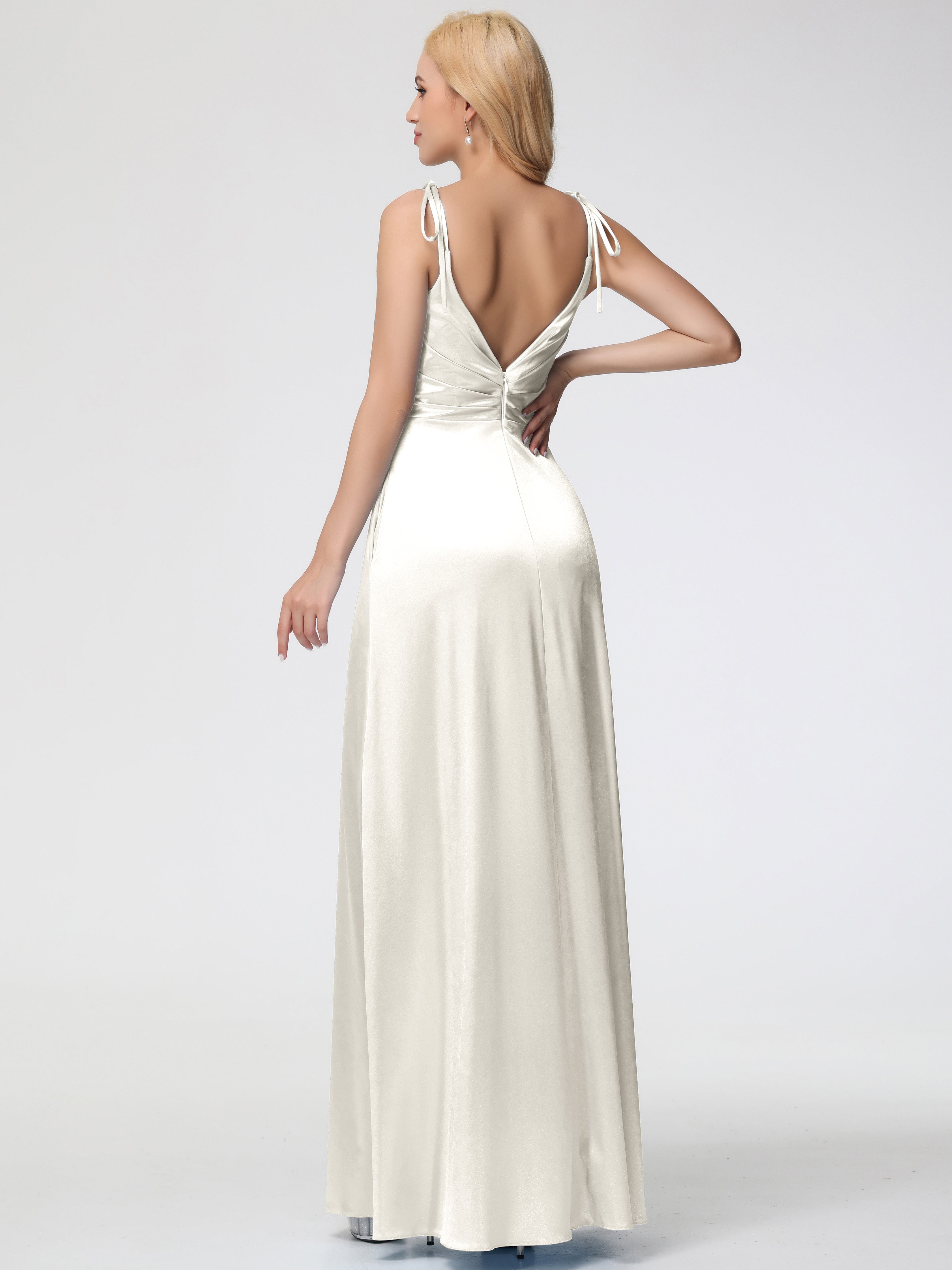 Robes De Demoiselle D'Honneur Ivoire Col V Dos V Trapèze Fendue Satin Extensible Robe De Demoiselle D'Honneur Robe Plissé