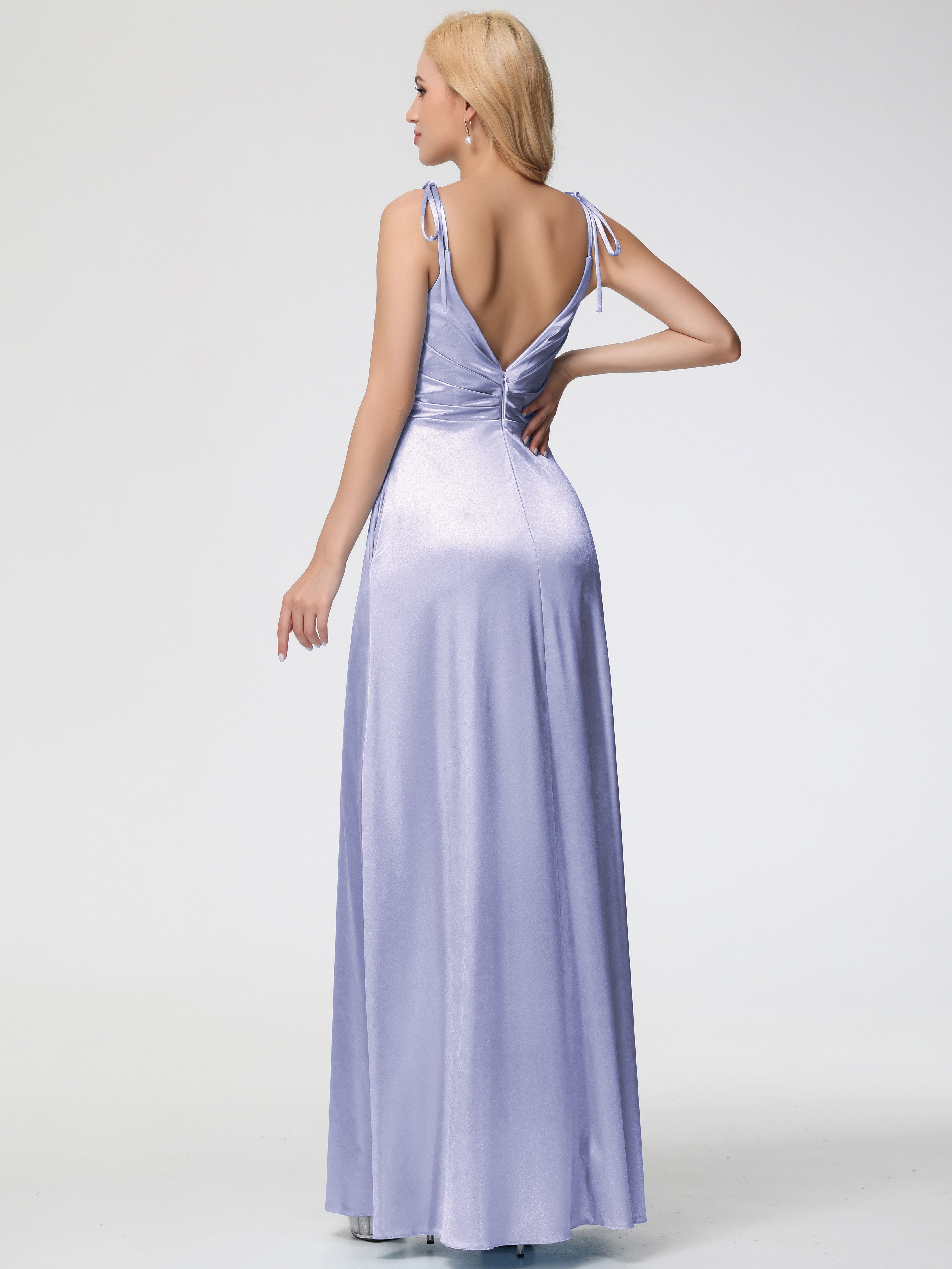 Robes De Demoiselle D'Honneur Lavande Col V Dos V Trapèze Fendue Satin Extensible Robe De Demoiselle D'Honneur Robe Plissé