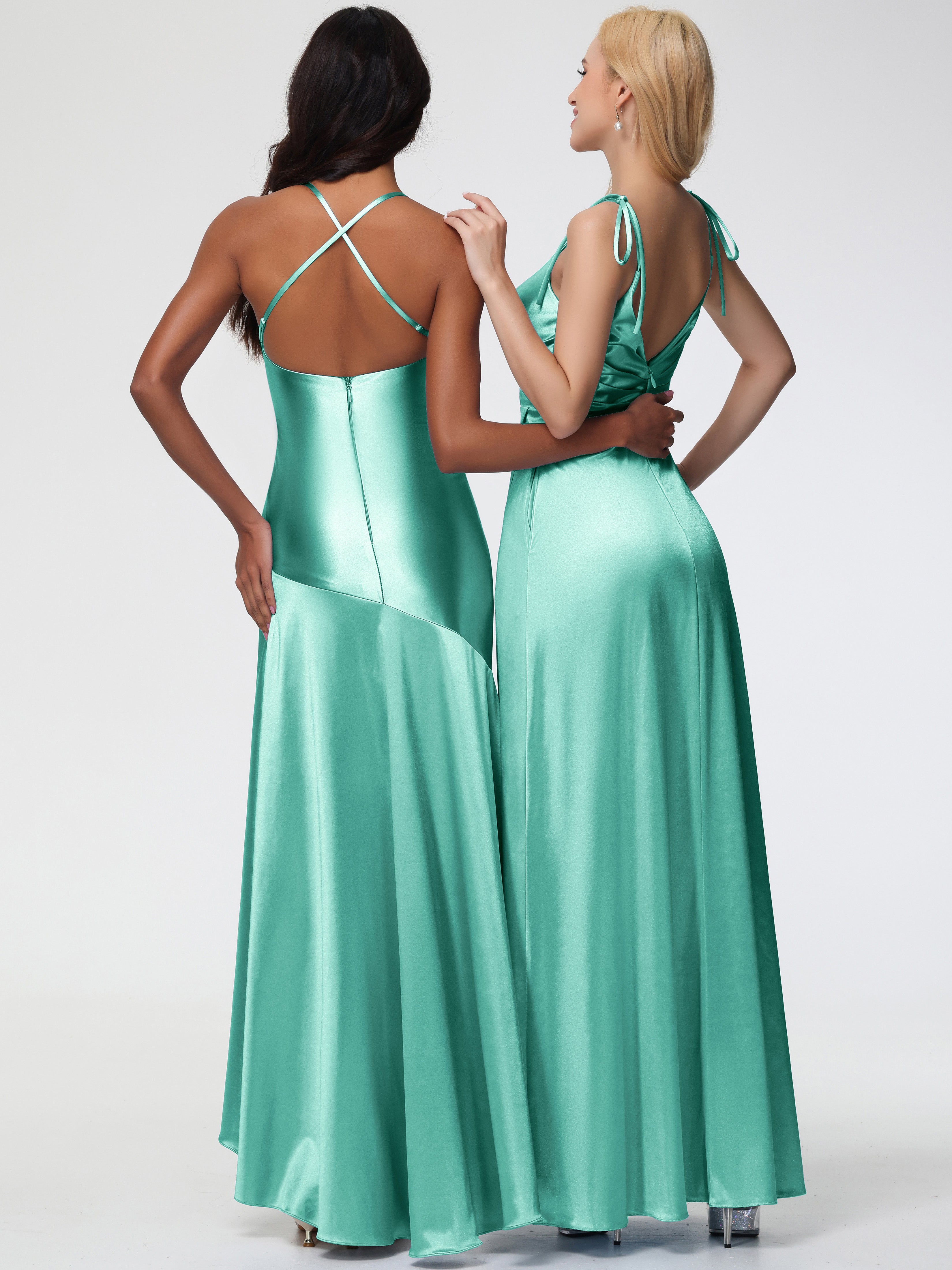 Robes De Demoiselle D'Honneur Vert Menthe Col V Dos V Trapèze Fendue Satin Extensible Robe De Demoiselle D'Honneur Robe Plissé