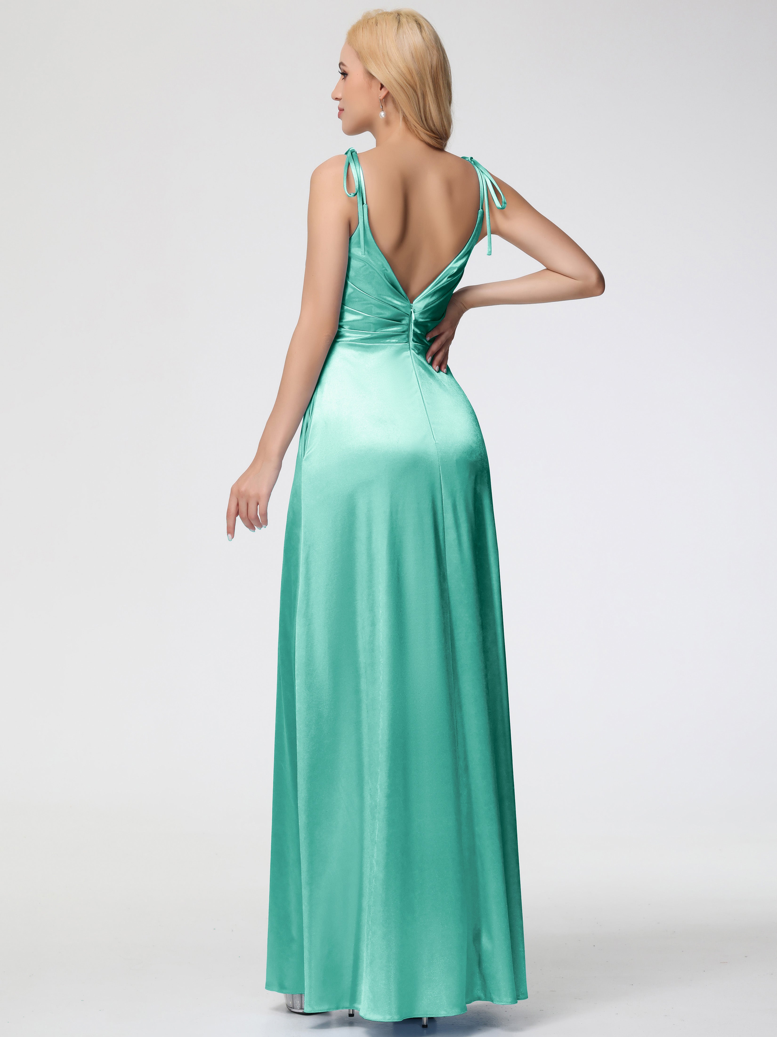 Robes De Demoiselle D'Honneur Vert Menthe Col V Dos V Trapèze Fendue Satin Extensible Robe De Demoiselle D'Honneur Robe Plissé