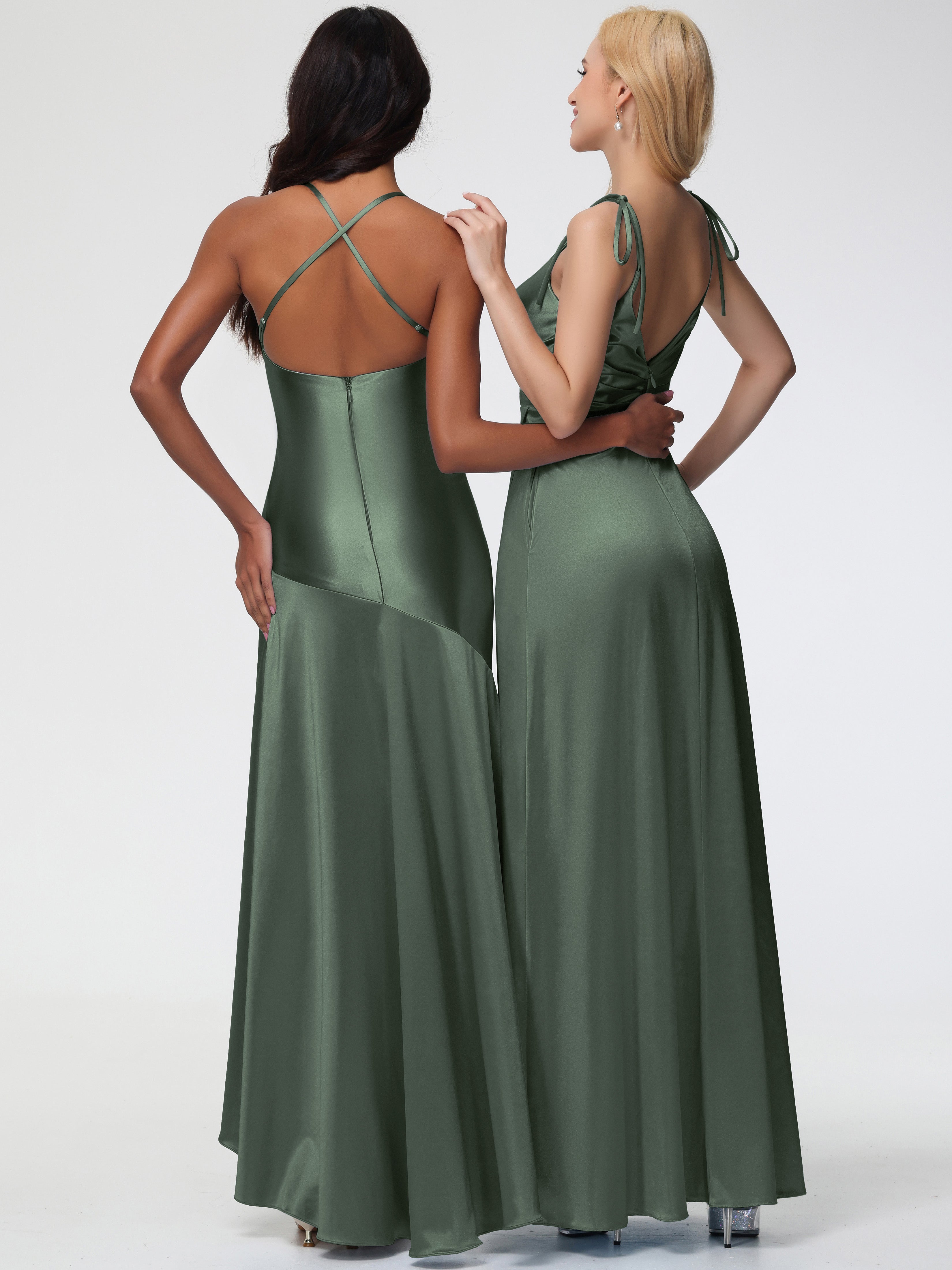 Robes De Demoiselle D'Honneur Vert Olive Col V Dos V Trapèze Fendue Satin Extensible Robe De Demoiselle D'Honneur Robe Plissé