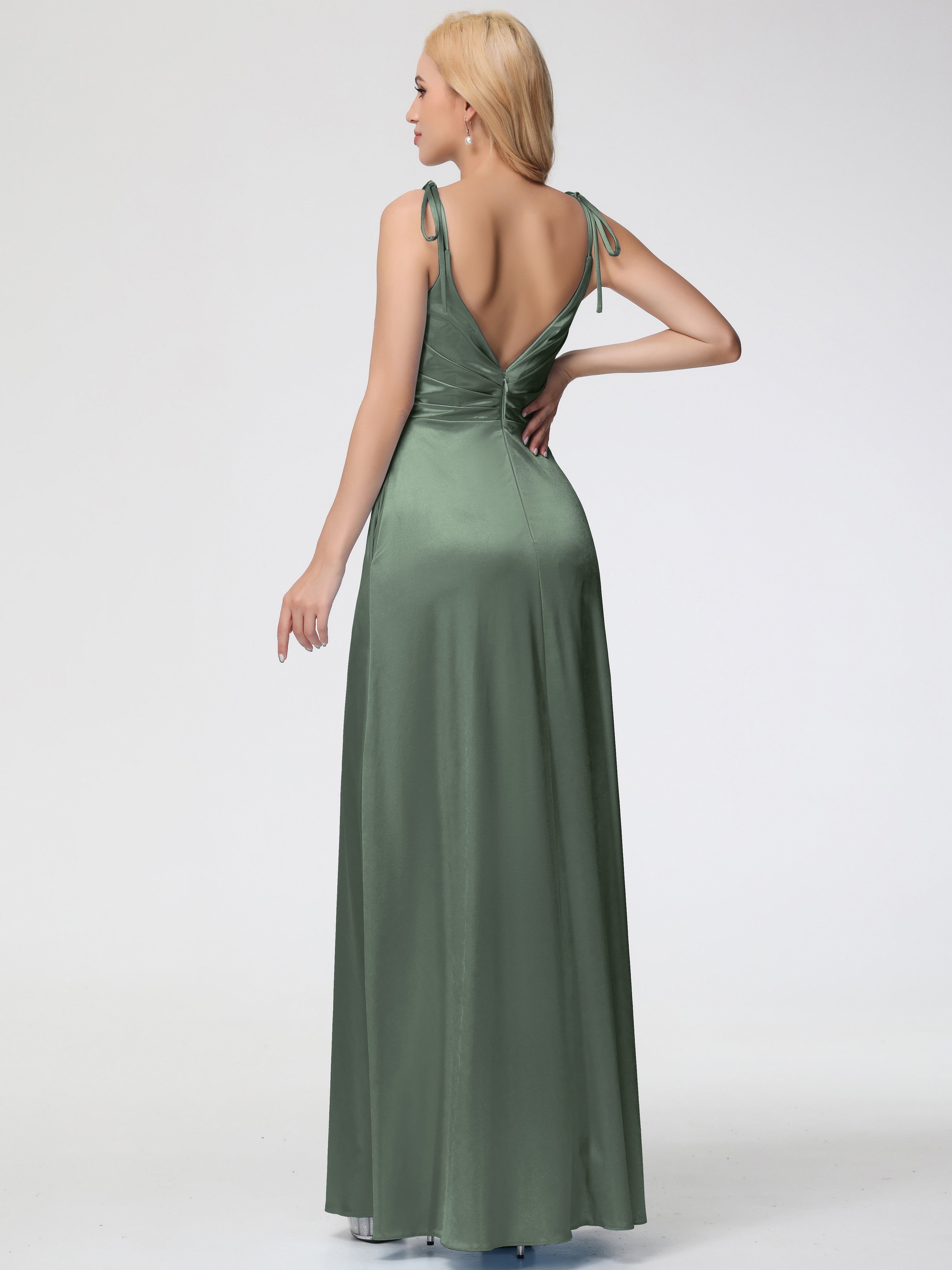 Robes De Demoiselle D'Honneur Vert Olive Col V Dos V Trapèze Fendue Satin Extensible Robe De Demoiselle D'Honneur Robe Plissé