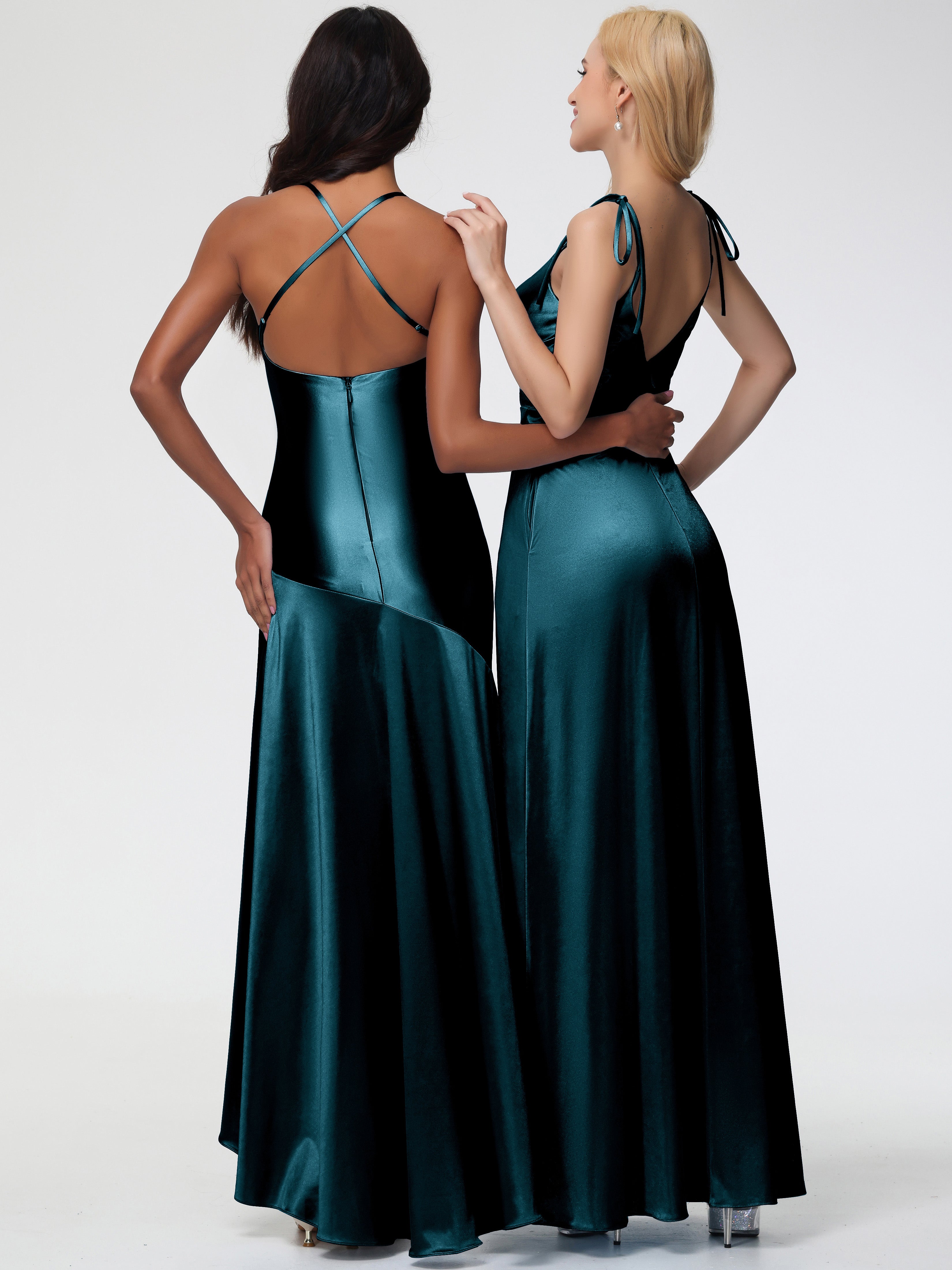 Robes De Demoiselle D'Honneur Bleu Paon Col V Dos V Trapèze Fendue Satin Extensible Robe De Demoiselle D'Honneur Robe Plissé