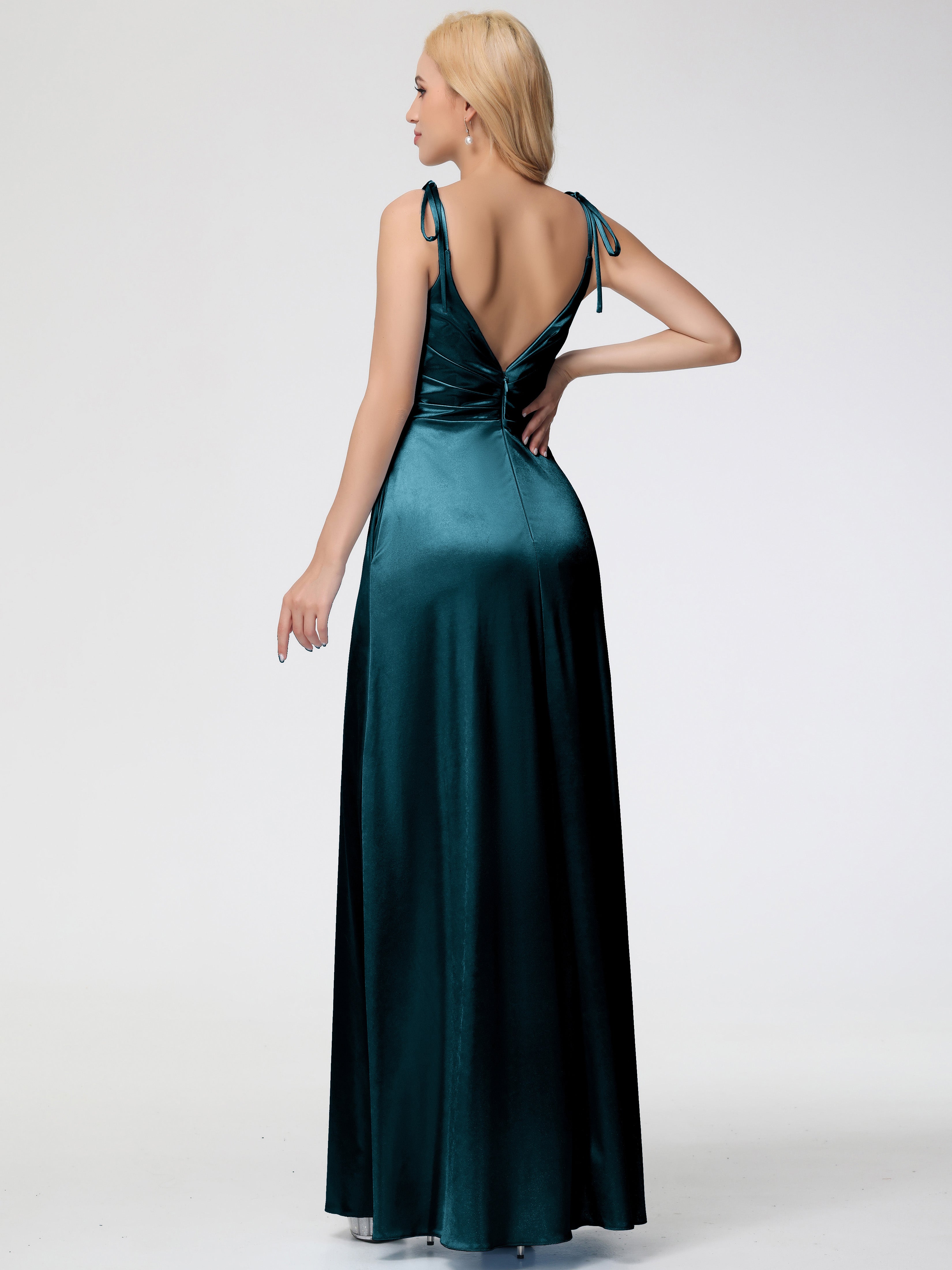 Robes De Demoiselle D'Honneur Bleu Paon Col V Dos V Trapèze Fendue Satin Extensible Robe De Demoiselle D'Honneur Robe Plissé