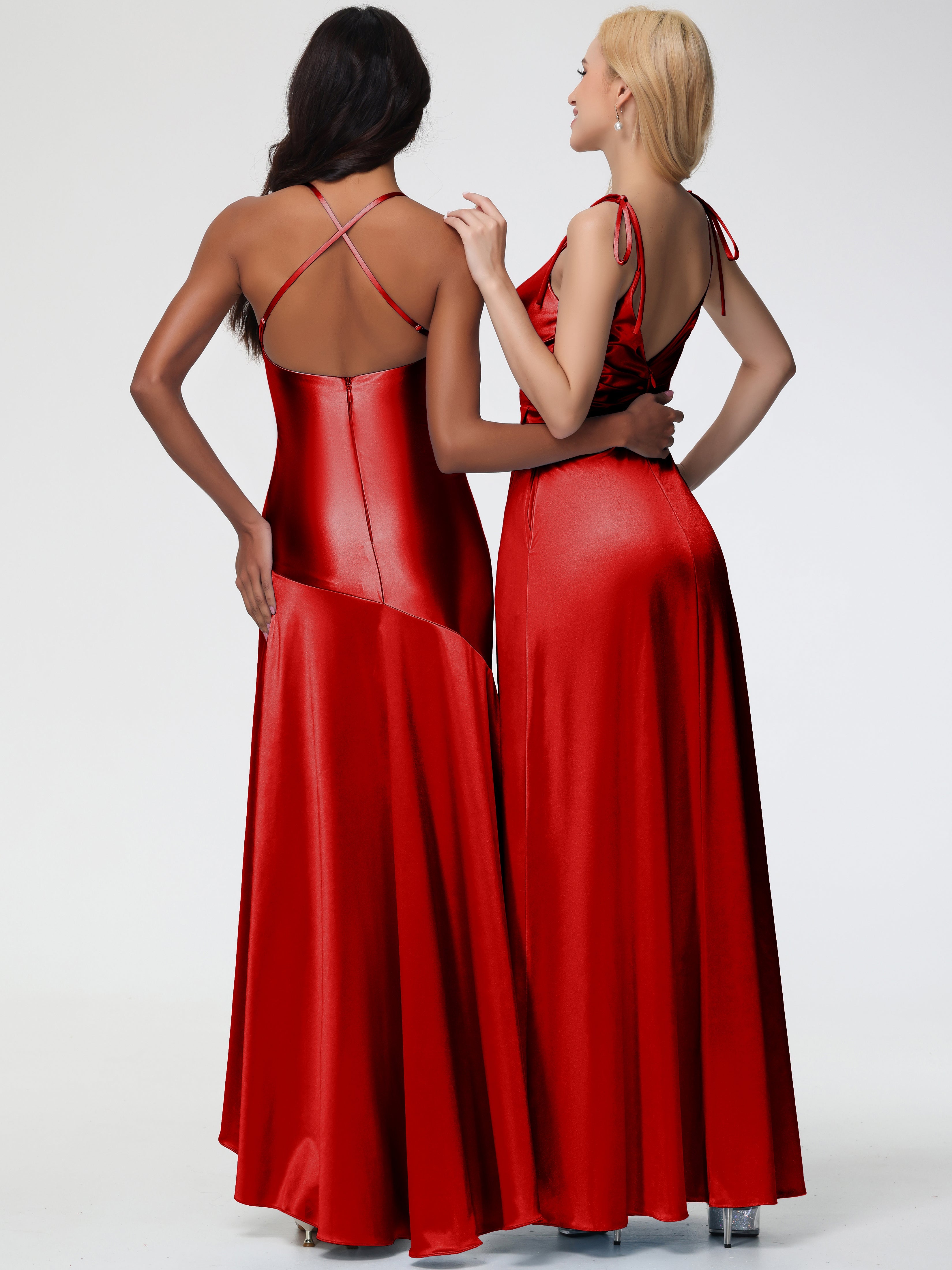 Robe De Demoiselle D'Honneur Rouge Col V Dos V Trapèze Fendue Satin Extensible Robe De Demoiselle D'Honneur Robe Plissé