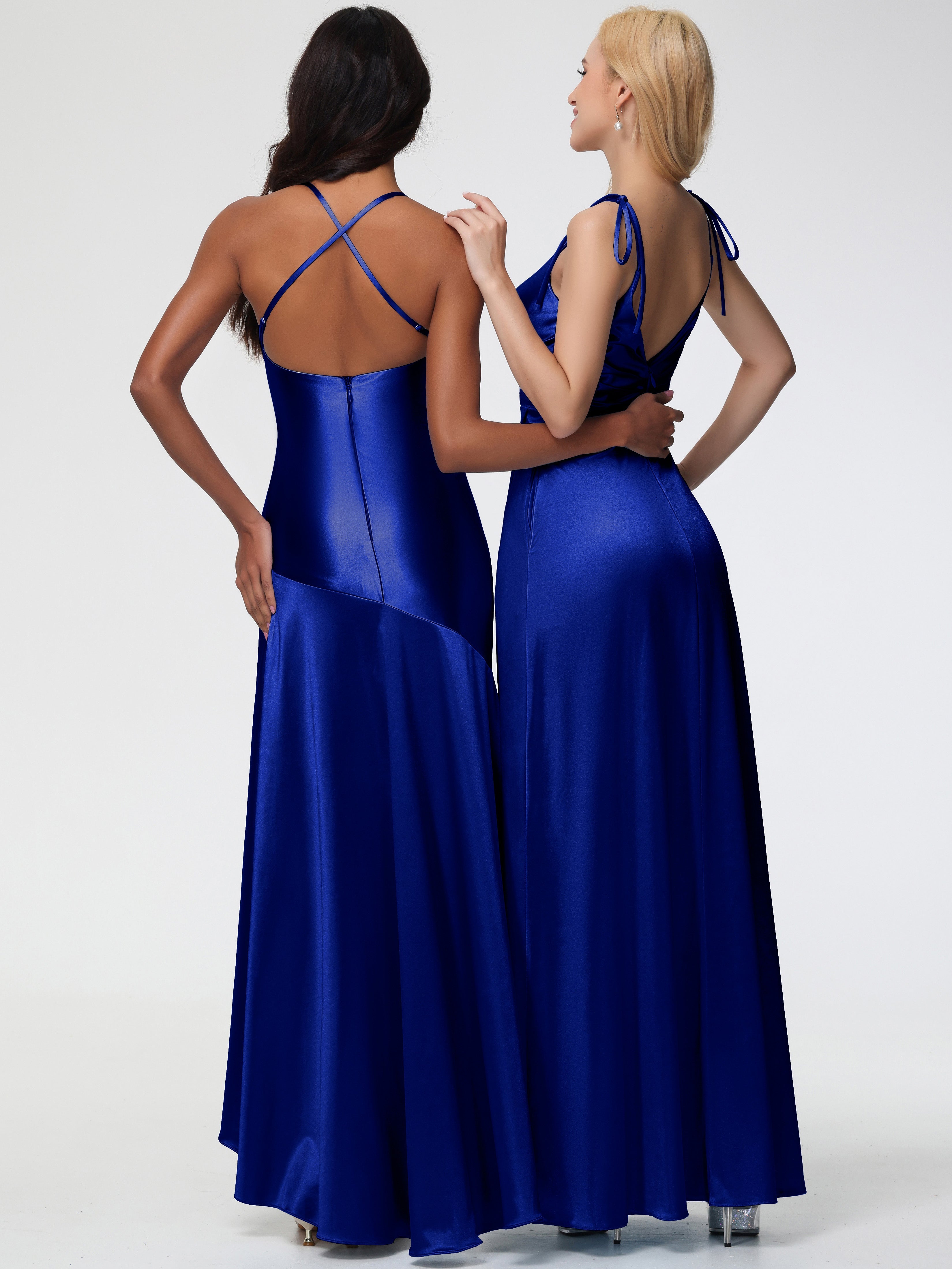 Robes De Demoiselle D'Honneur Bleu Royal Longues Col V Dos V Trapèze Fendue Satin Extensible Robe De Demoiselle D'Honneur Robe Plissé