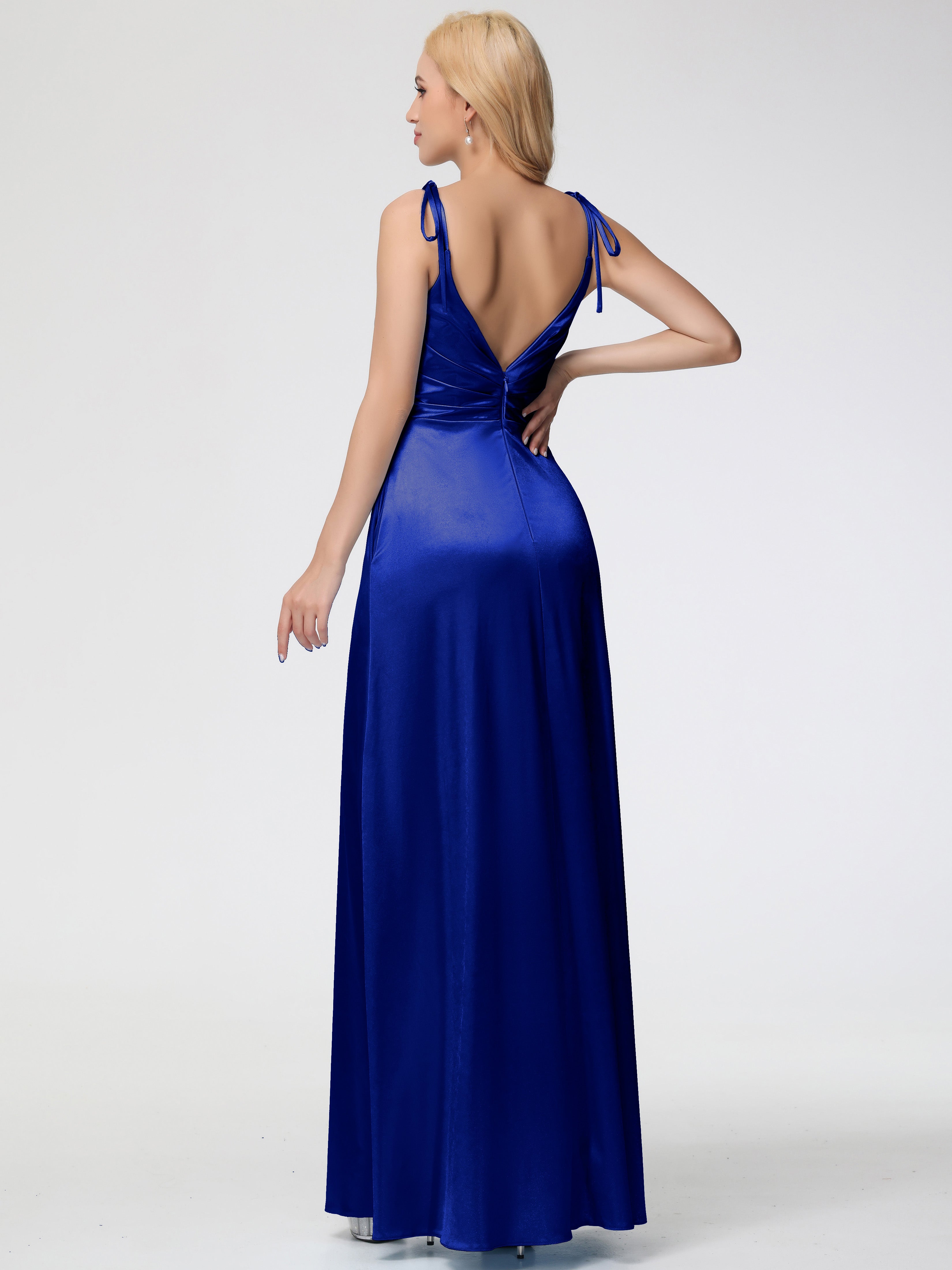 Robes De Demoiselle D'Honneur Bleu Royal Longues Col V Dos V Trapèze Fendue Satin Extensible Robe De Demoiselle D'Honneur Robe Plissé