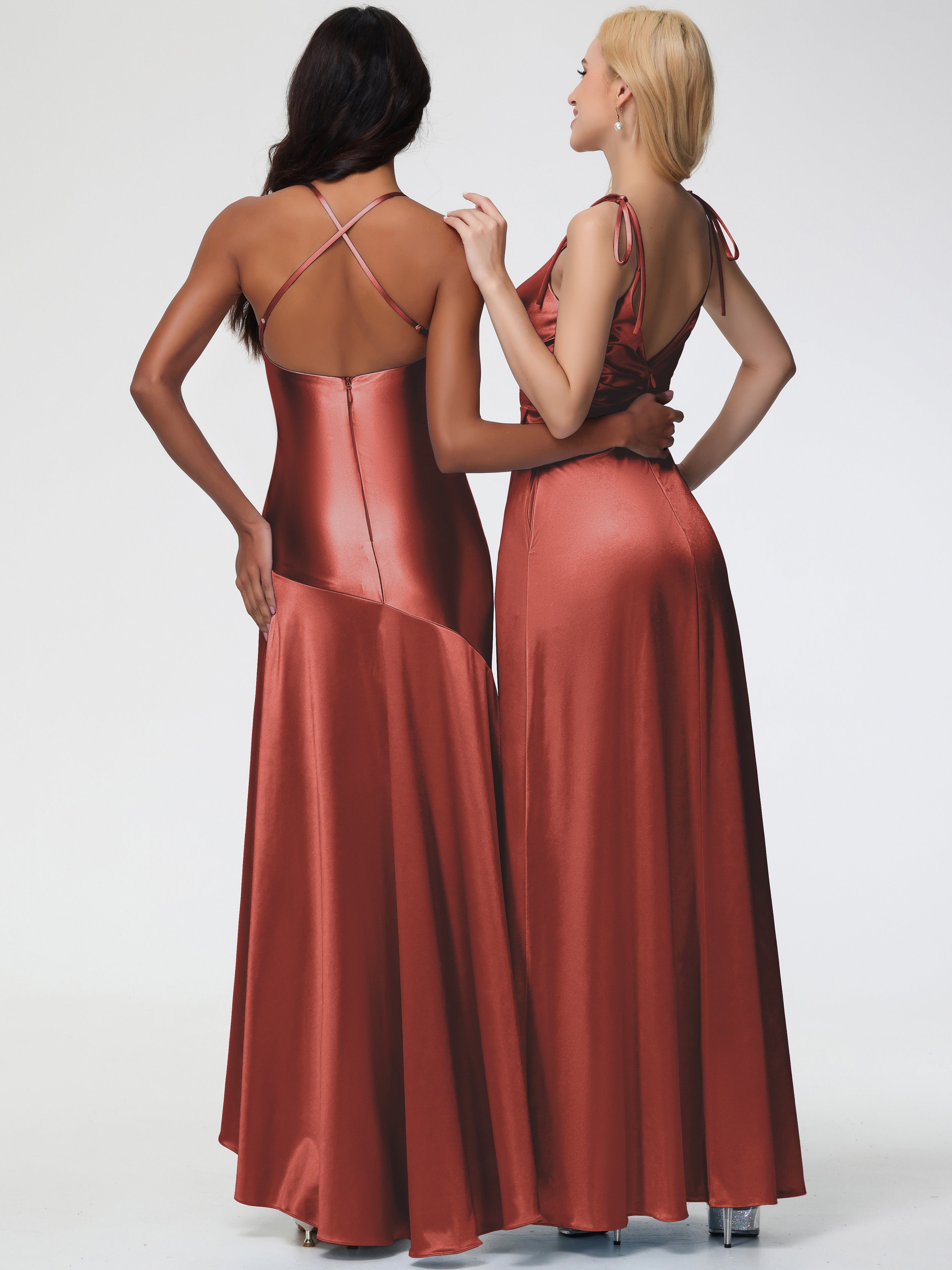 Robe De Demoiselle D'Honneur De Rouille Au Sol Col V Dos V Trapèze Fendue Satin Extensible Robe De Demoiselle D'Honneur Robe Plissé